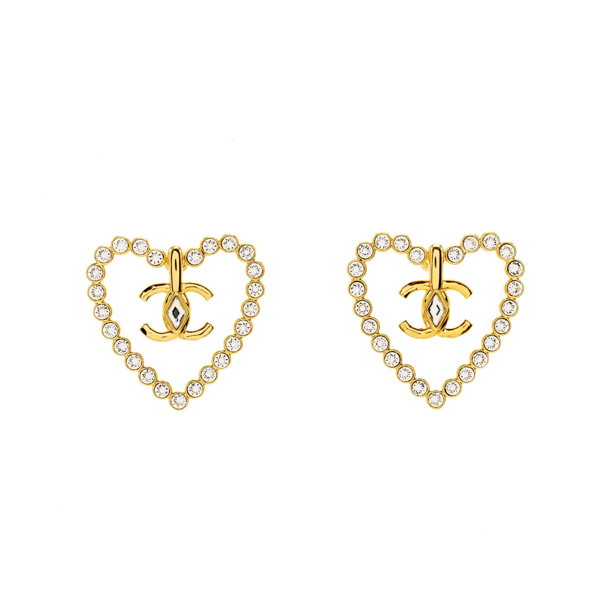 CHANEL GIANT HEART AND CC LOGO EARRINGS WITH CRYSTAL GOLD TONE