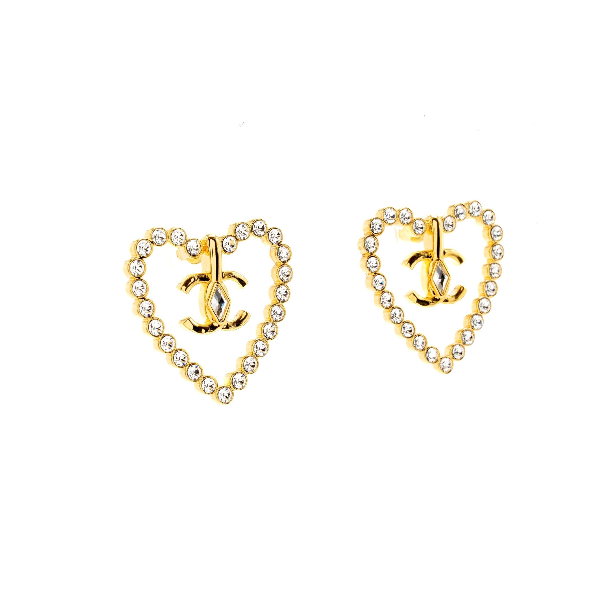 CHANEL GIANT HEART AND CC LOGO EARRINGS WITH CRYSTAL GOLD TONE