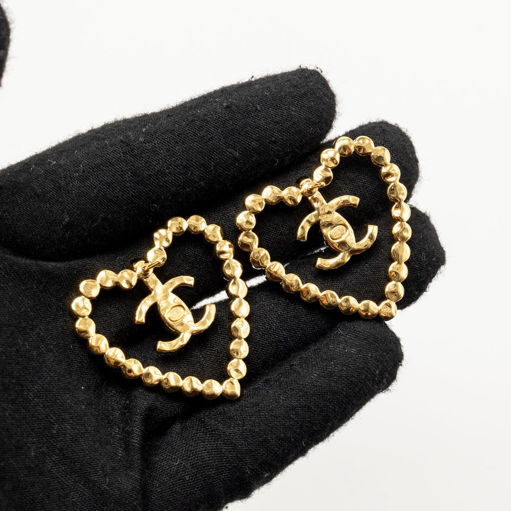 CHANEL GIANT HEART AND CC LOGO EARRINGS WITH CRYSTAL GOLD TONE