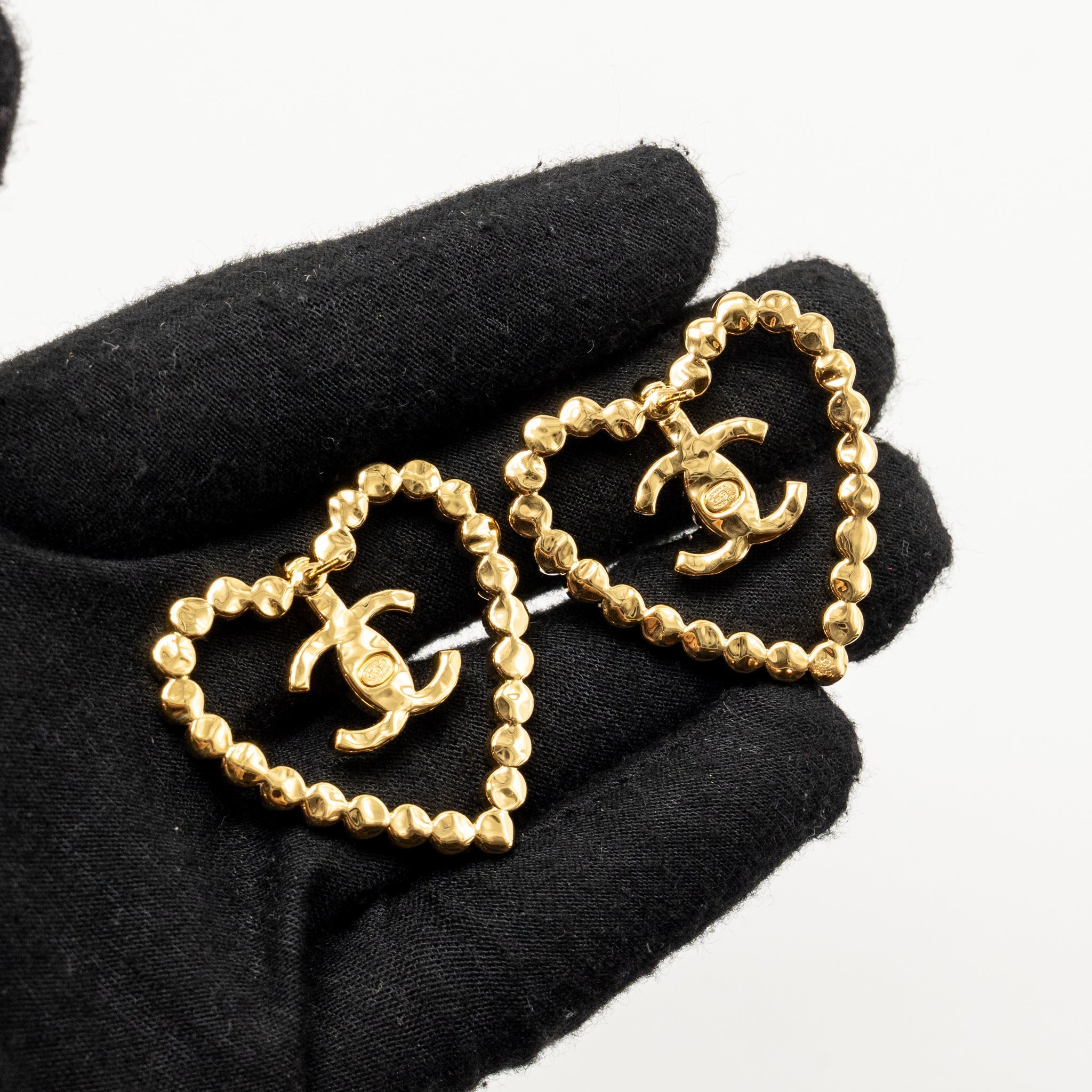 CHANEL GIANT HEART AND CC LOGO EARRINGS WITH CRYSTAL GOLD TONE
