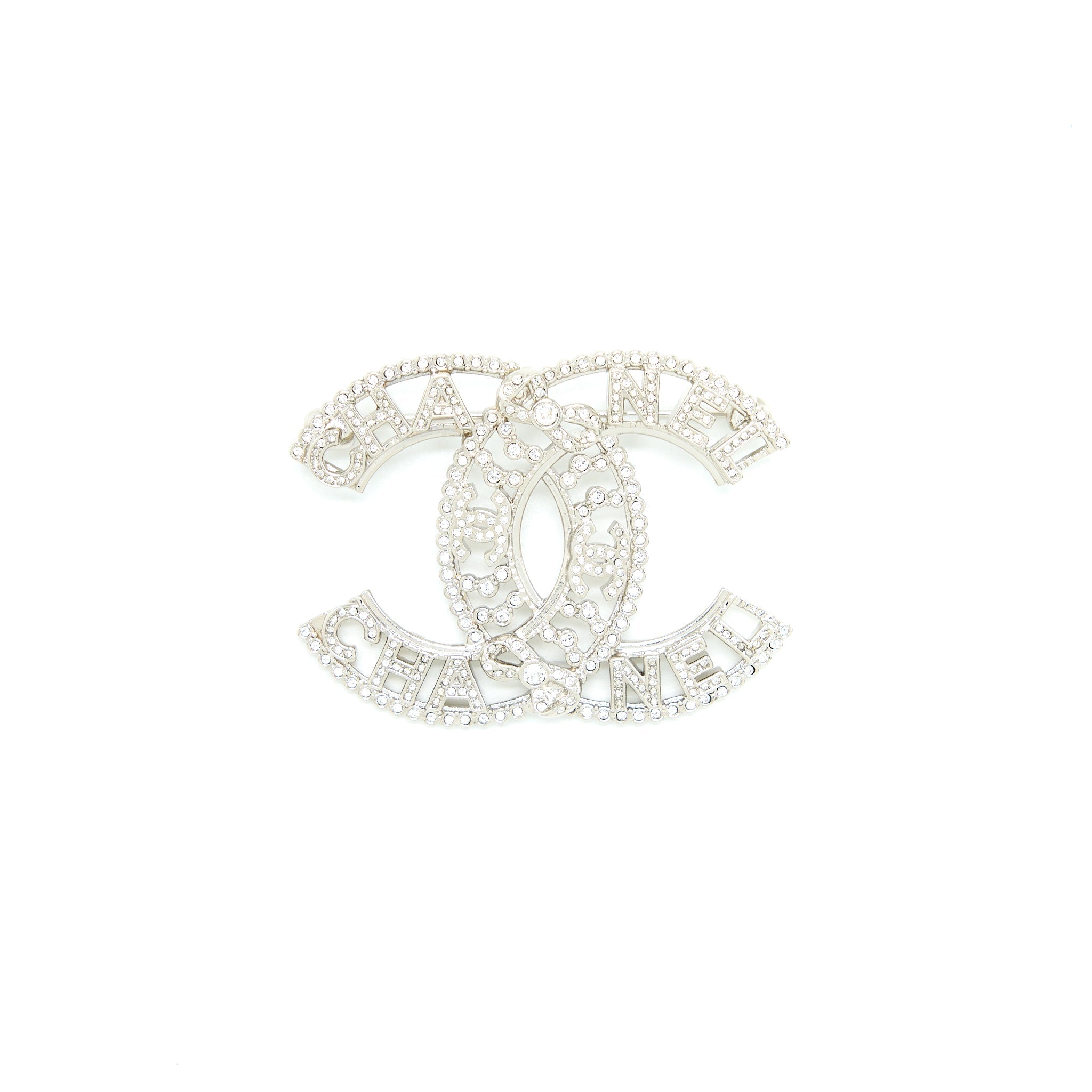 CHANEL CC LOGO/LETTER BROOCH CRYSTAL SILVER TONE