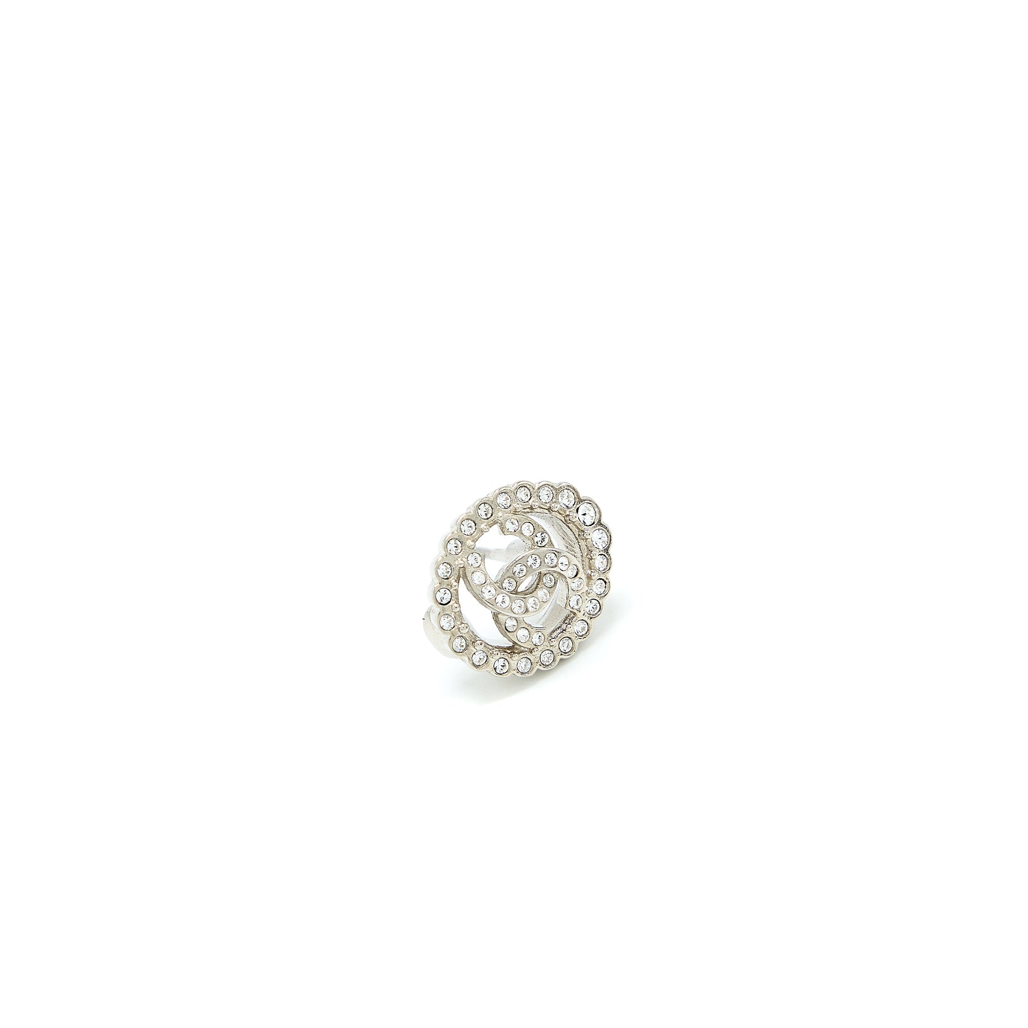 CHANEL ROUND CC LOGO EARRINGS CRYSTAL SILVER TONE