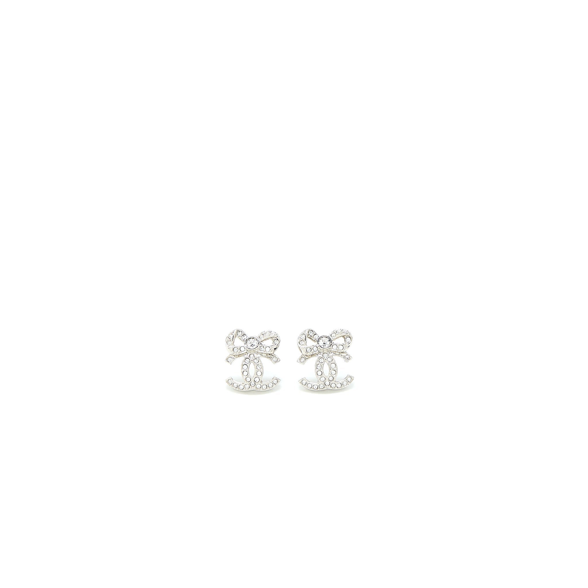 CHANEL BOW/CC LOGO EARRING CRYSTAL SILVER TONE