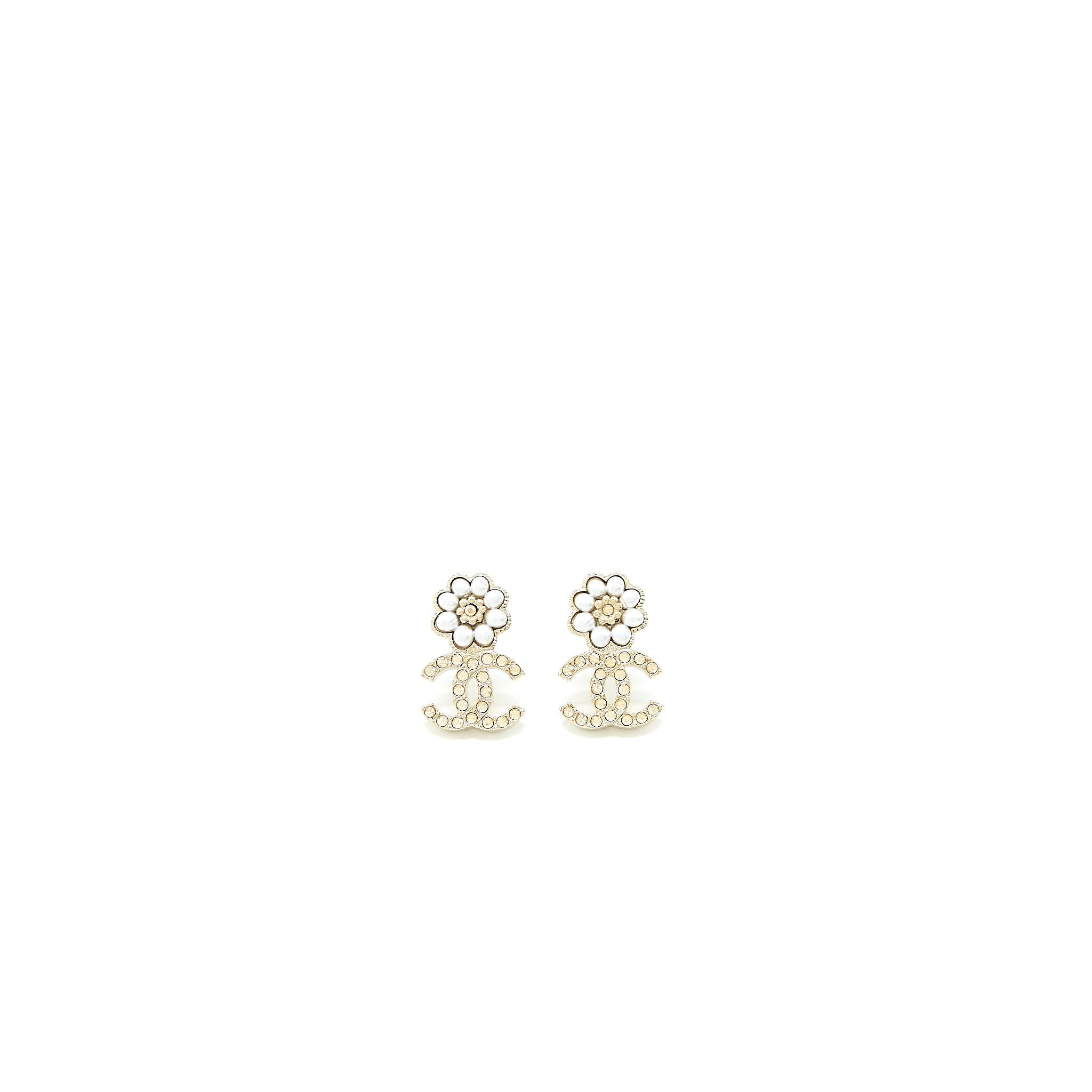 CHANEL CAMELLIA CC LOGO EARRINGS PEARL/CRYSTAL LIGHT GOLD TONE