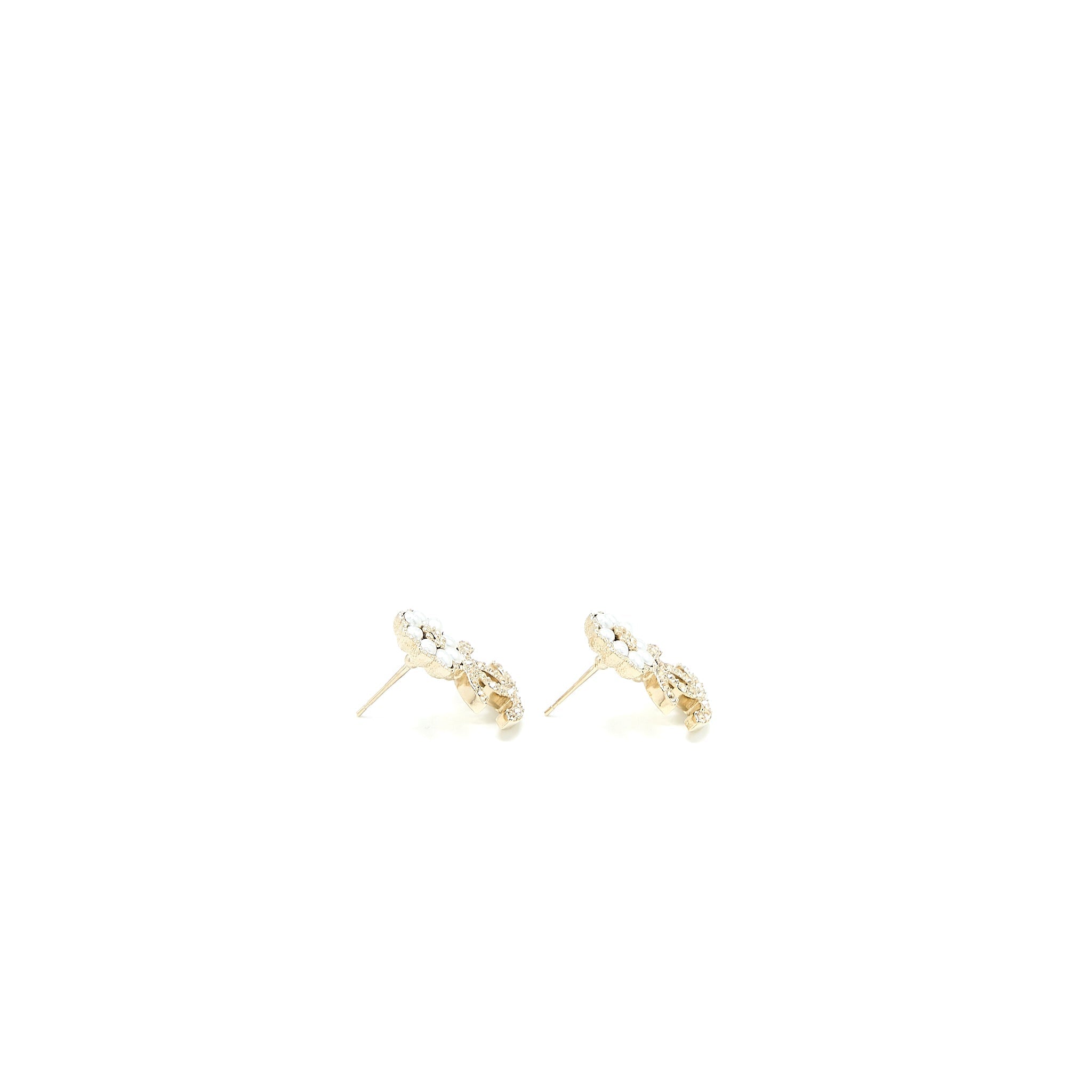 CHANEL CAMELLIA CC LOGO EARRINGS PEARL/CRYSTAL LIGHT GOLD TONE