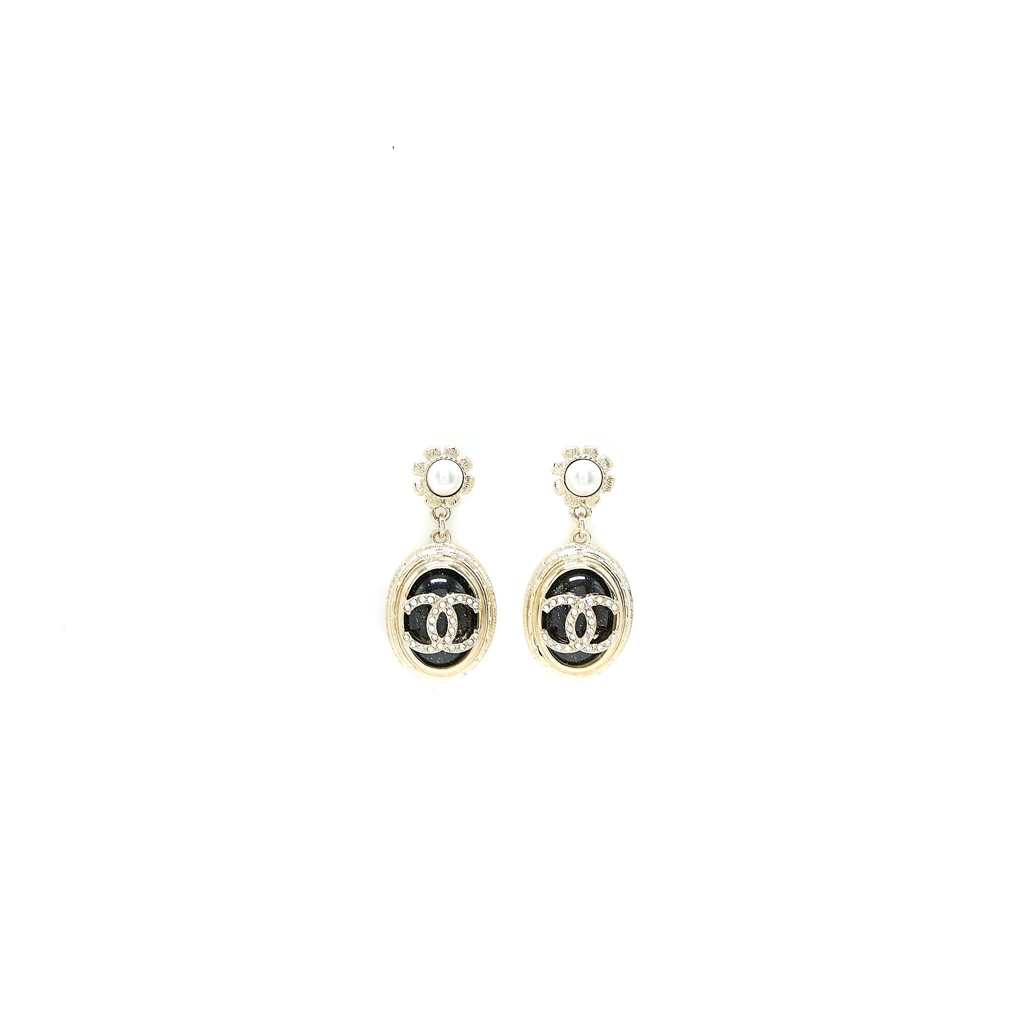 CHANEL ROUND CC LOGO DROPPED BLACK CRYSTAL/PEARL LIGHT GOLD TONE