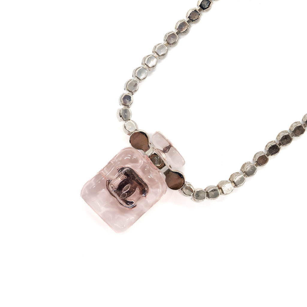 CHANEL PERFUME BOTTLE NECKLACE CRYSTAL SILVER TONE