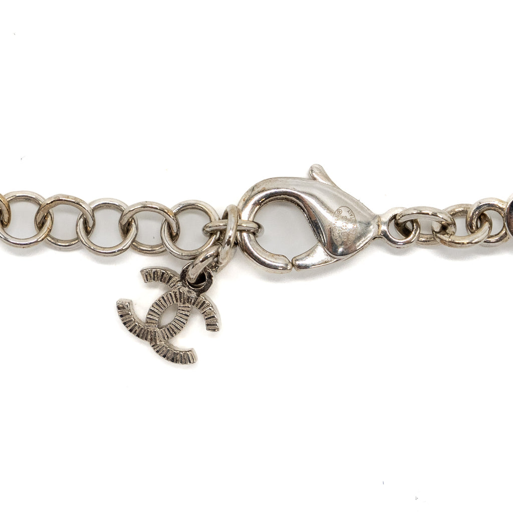 CHANEL PERFUME BOTTLE NECKLACE CRYSTAL SILVER TONE