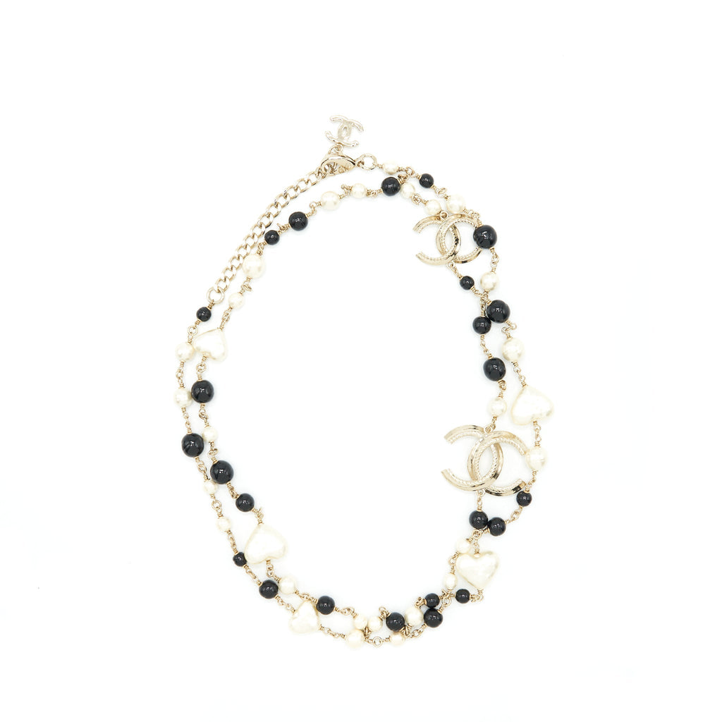 CHANEL CC AND HEART PEARL LONG NECKLACE LIGHT GOLD TONE
