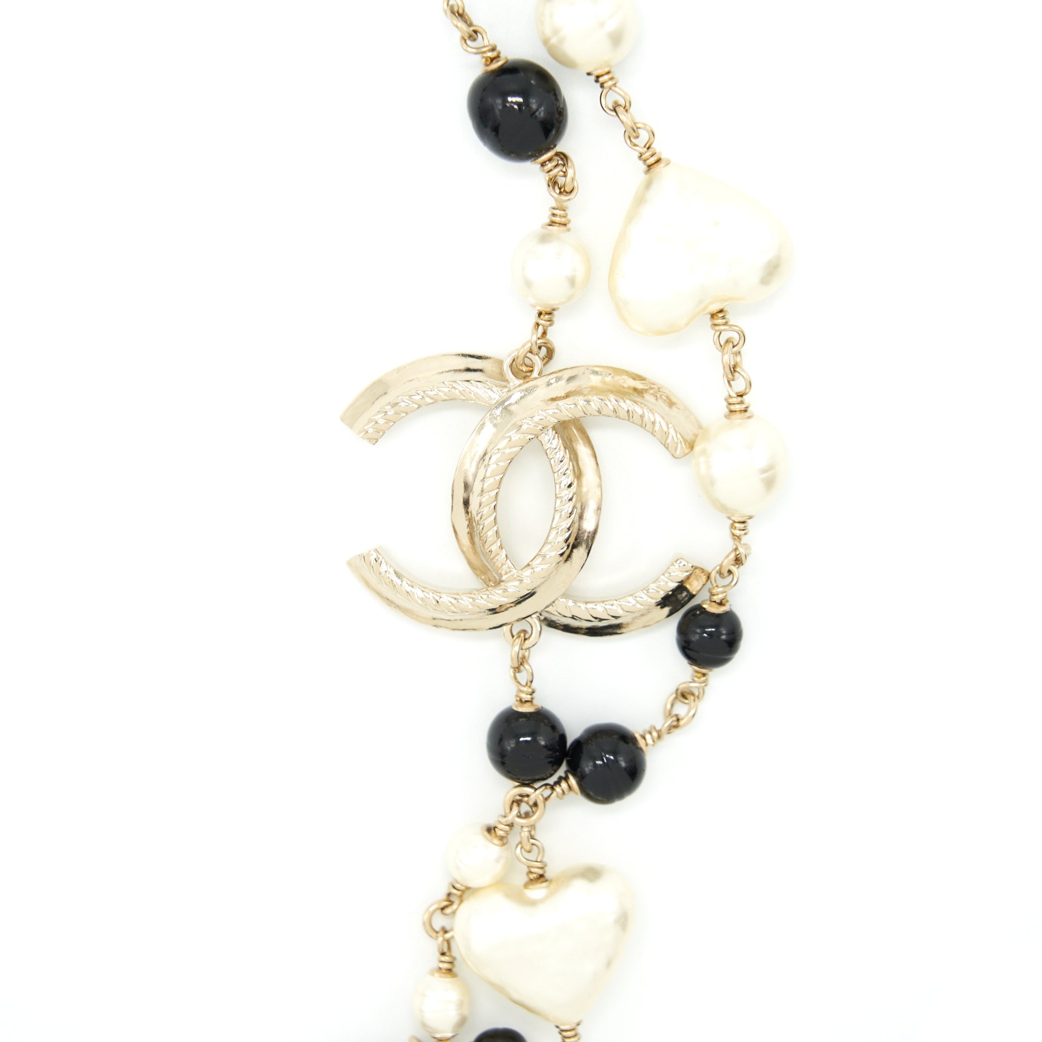 CHANEL CC AND HEART PEARL LONG NECKLACE LIGHT GOLD TONE