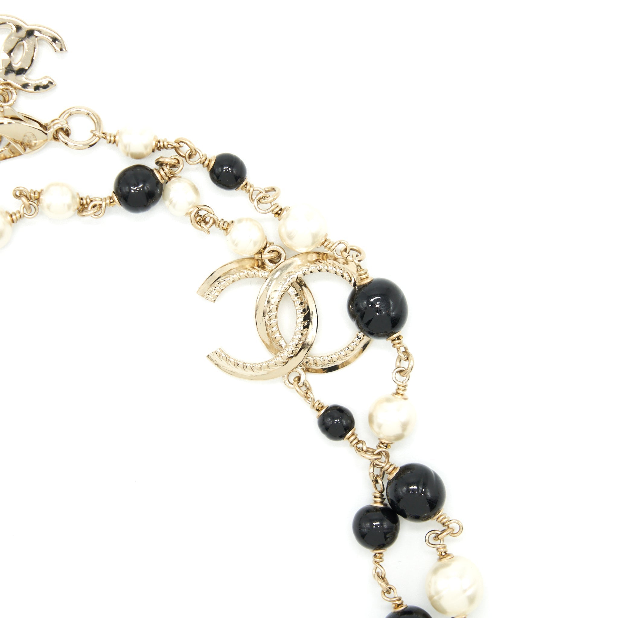 CHANEL CC AND HEART PEARL LONG NECKLACE LIGHT GOLD TONE