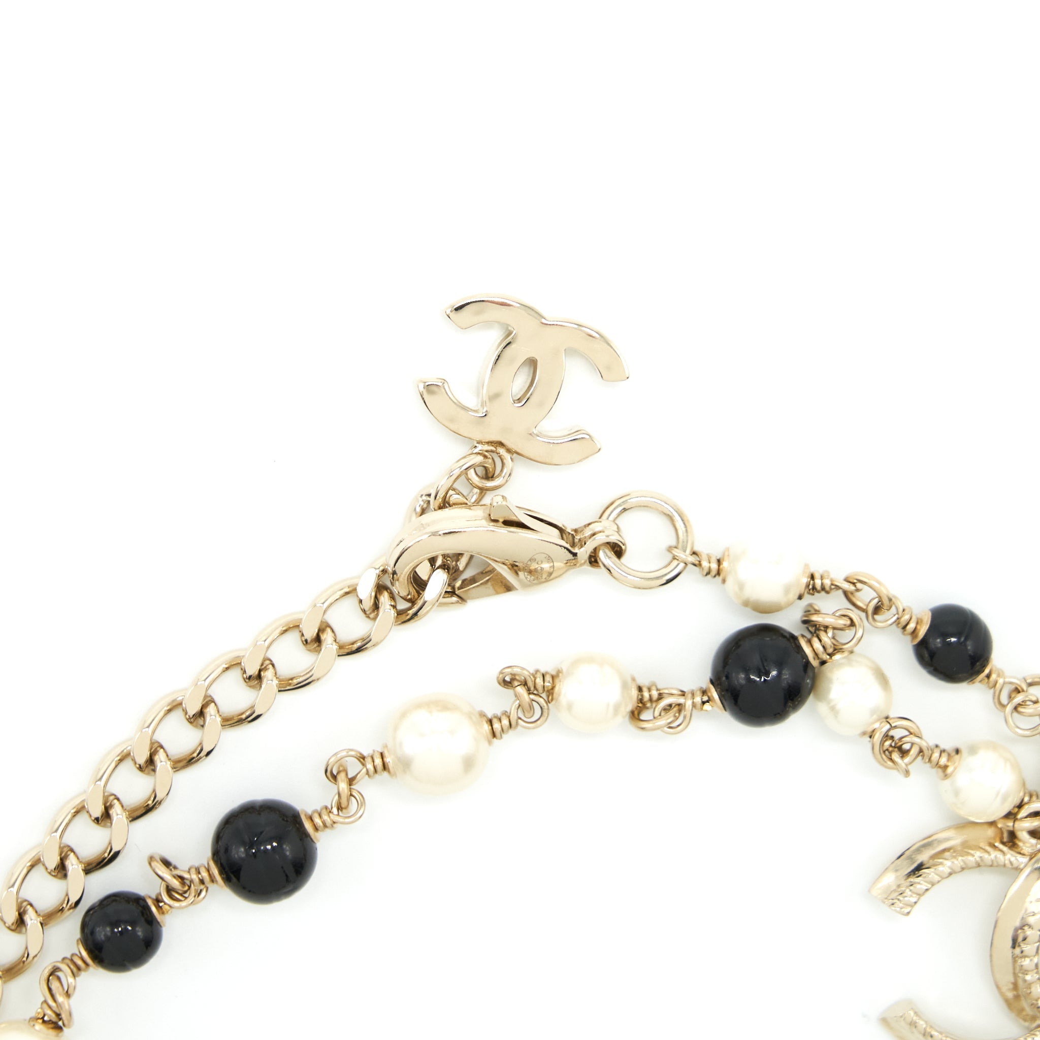 CHANEL CC AND HEART PEARL LONG NECKLACE LIGHT GOLD TONE