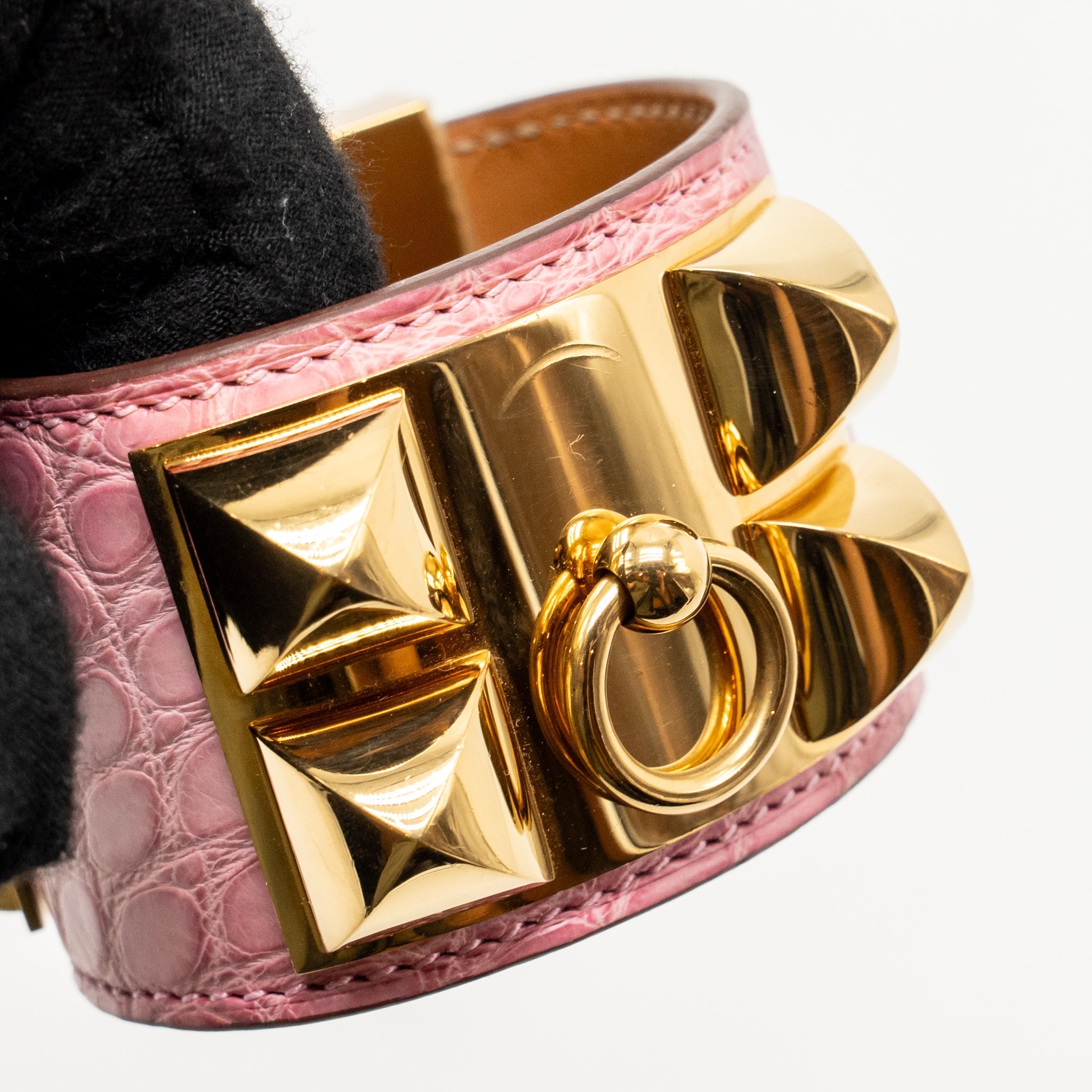 HERMES SIZE T2 COLLIER DE CHIEN BRACELET ALLIGATOR MISSISSIPPIENSIS PINK GHW STAMP C