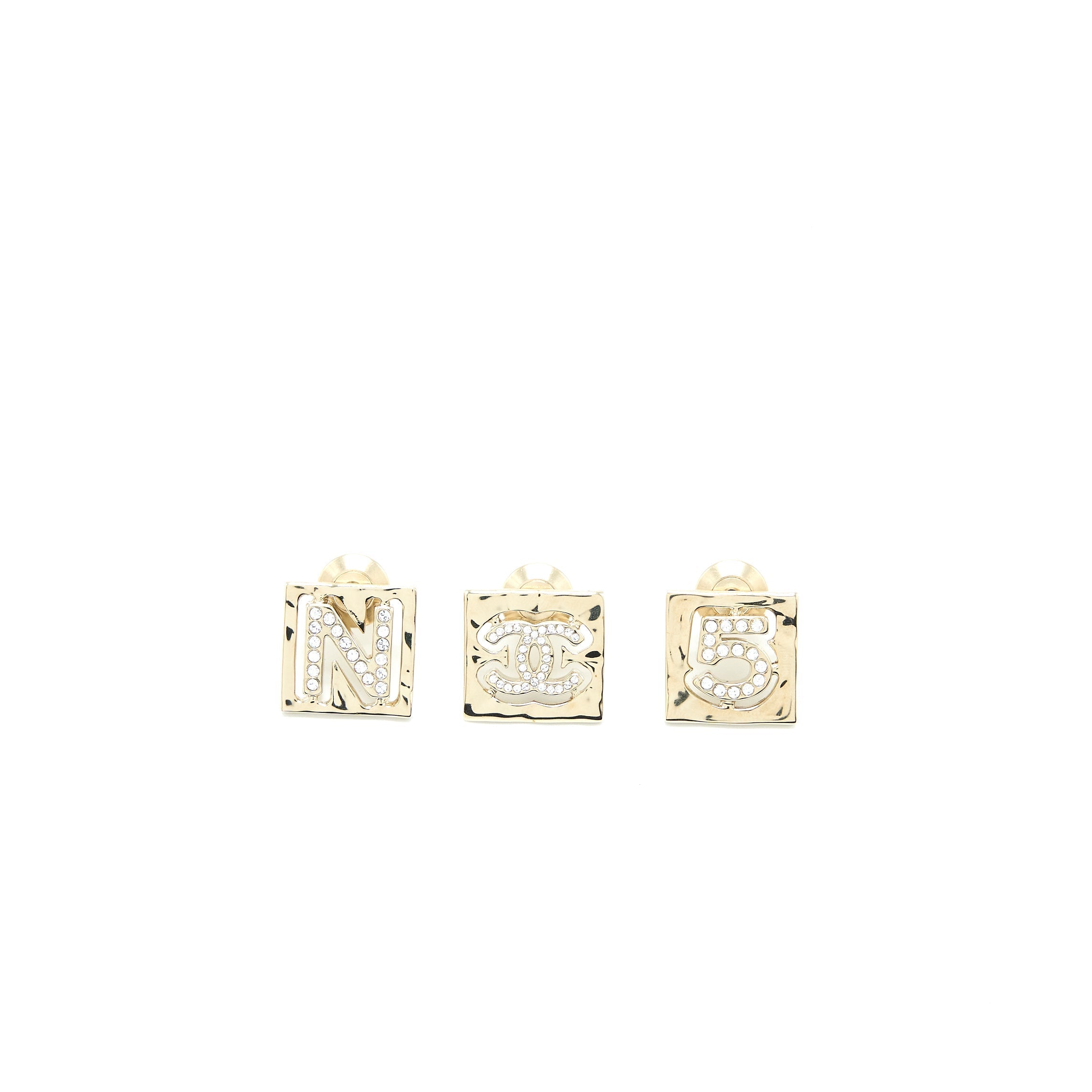 CHANEL 3 PIN SQUARE BROOCH CC LOGO/LETTER N/5 LIGHT GOLD TONE