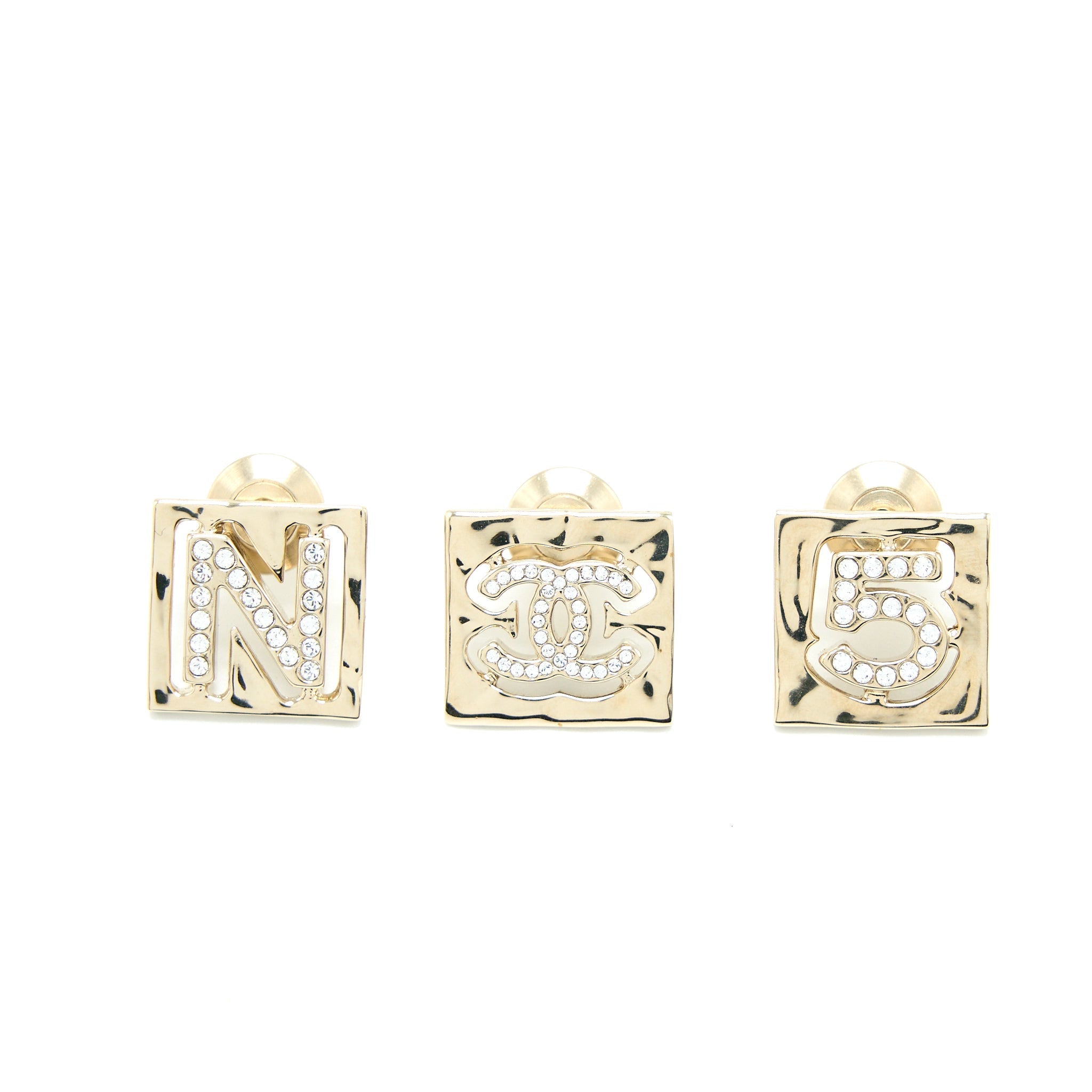 CHANEL 3 PIN SQUARE BROOCH CC LOGO/LETTER N/5 LIGHT GOLD TONE