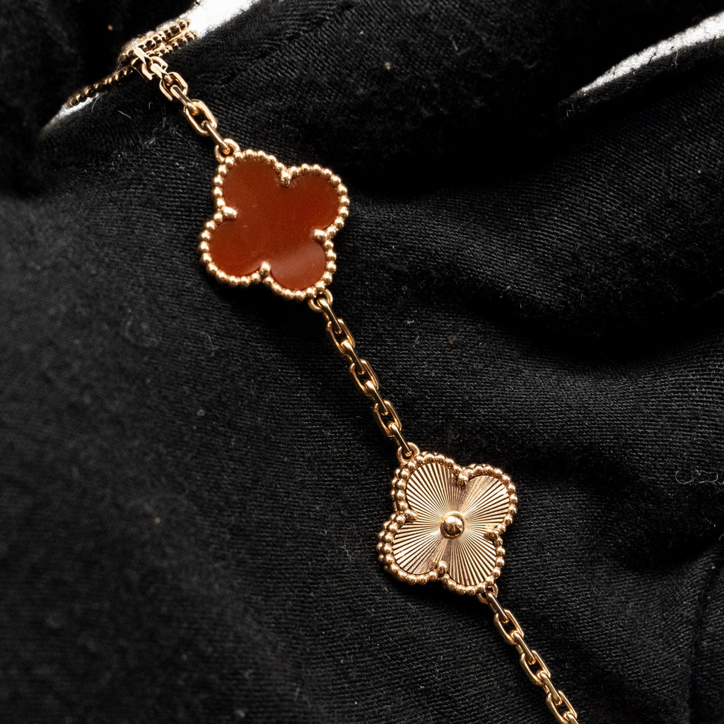 VAN CLEEF AND ARPELS VINTAGE ALHAMBRA 5 MOTIF BRACELET 18K ROSE GOLD / CARNELIAN
