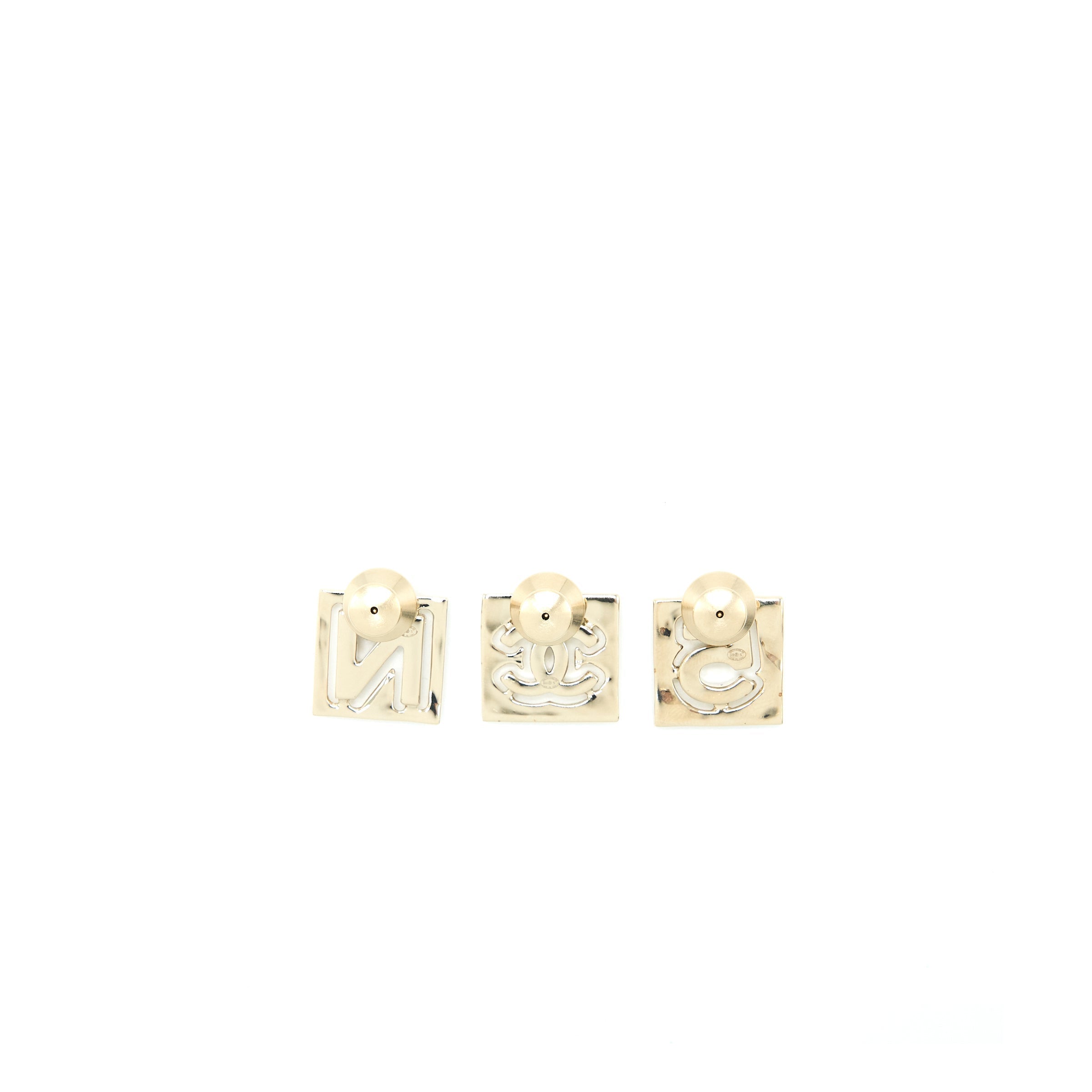 CHANEL 3 PIN SQUARE BROOCH CC LOGO/LETTER N/5 LIGHT GOLD TONE