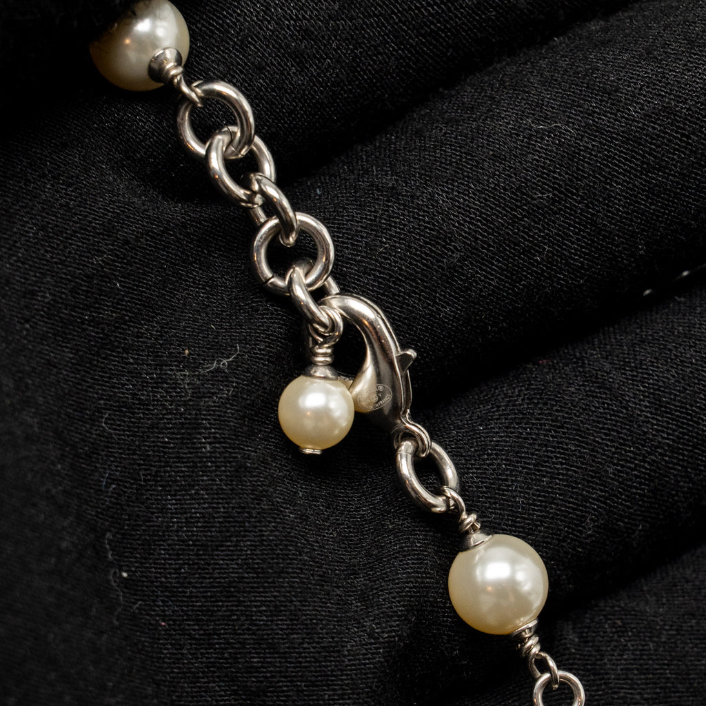 CHANEL CC AND PEARL LONG NECKLACE SILVER TONE