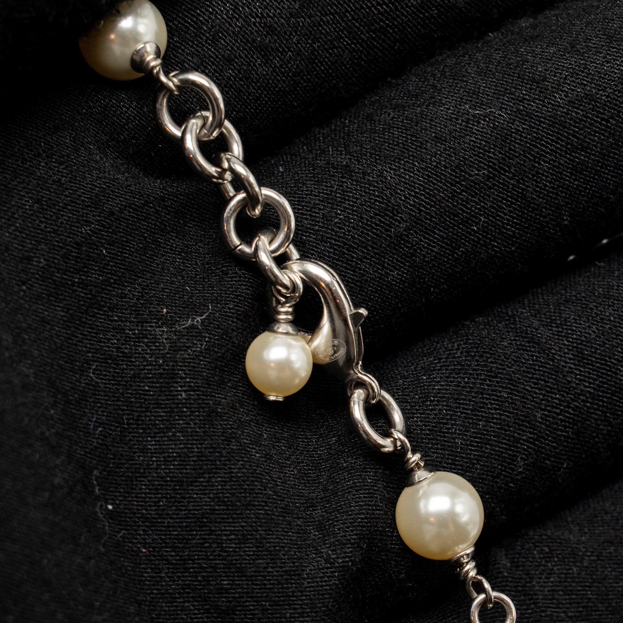 CHANEL CC AND PEARL LONG NECKLACE SILVER TONE
