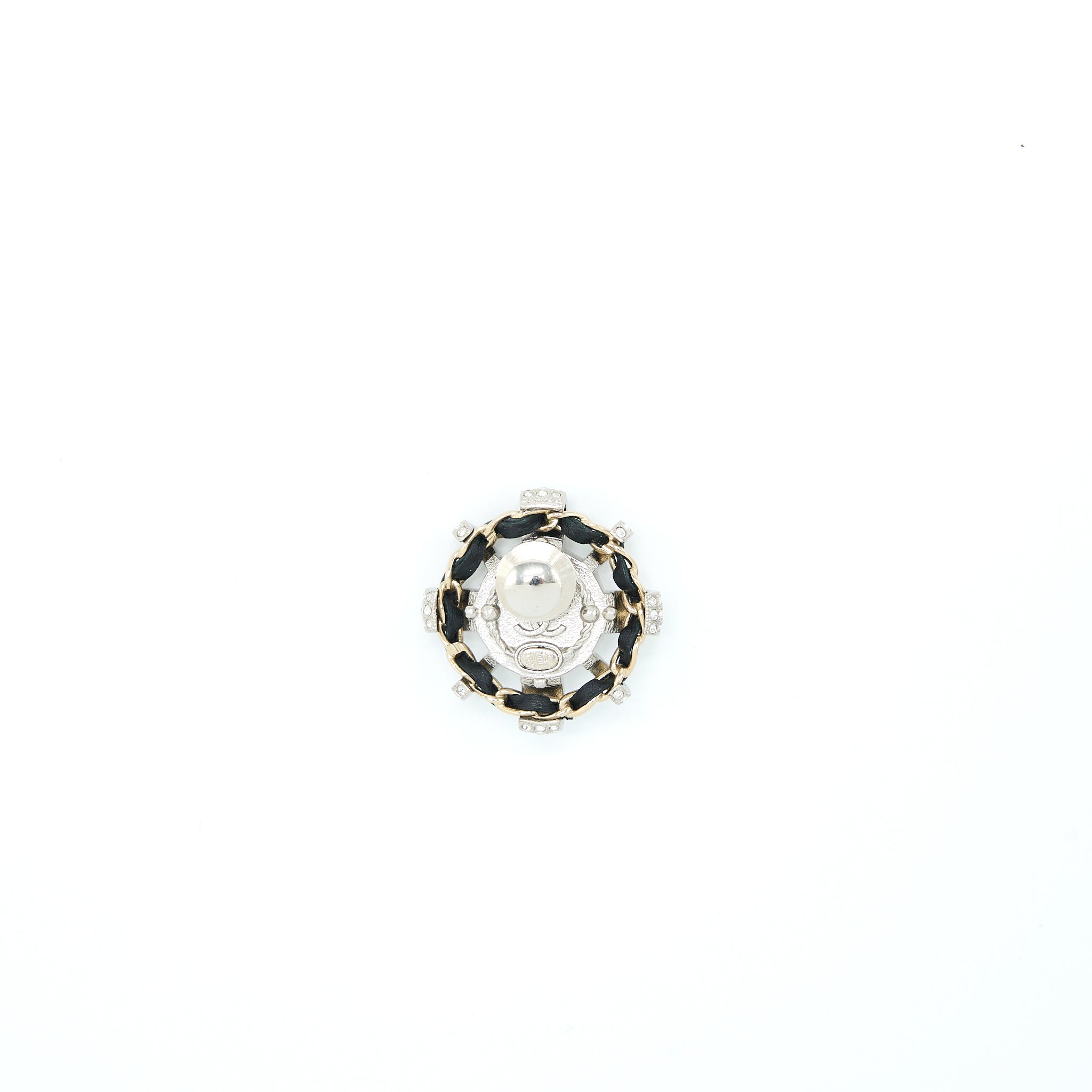 CHANEL ROUND WITH CC LOGO CRYSTAL/LEATHER CHAIN BROOCH LIGHT GOLD TONE