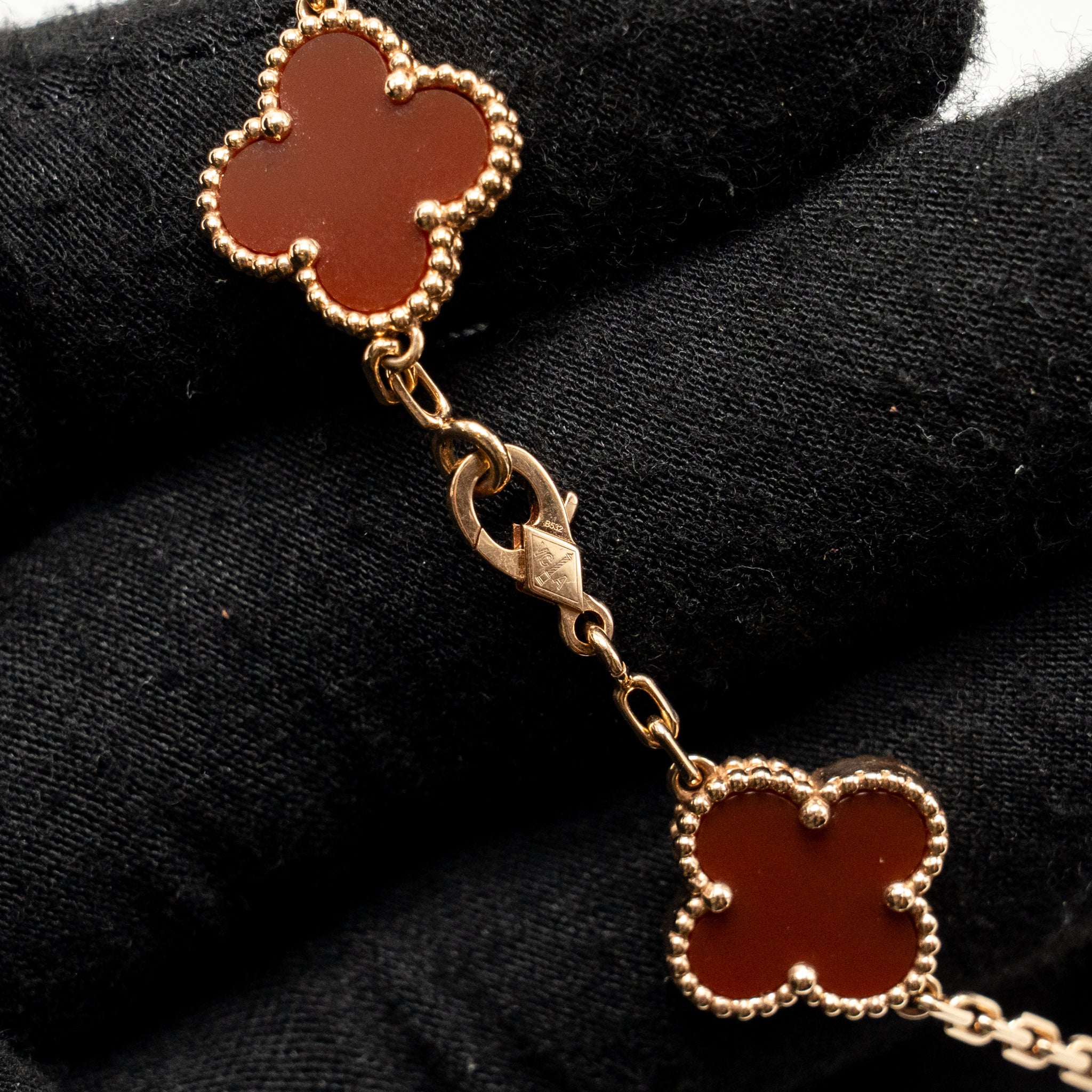 VAN CLEEF AND ARPELS VINTAGE ALHAMBRA 5 MOTIF BRACELET 18K ROSE GOLD / CARNELIAN