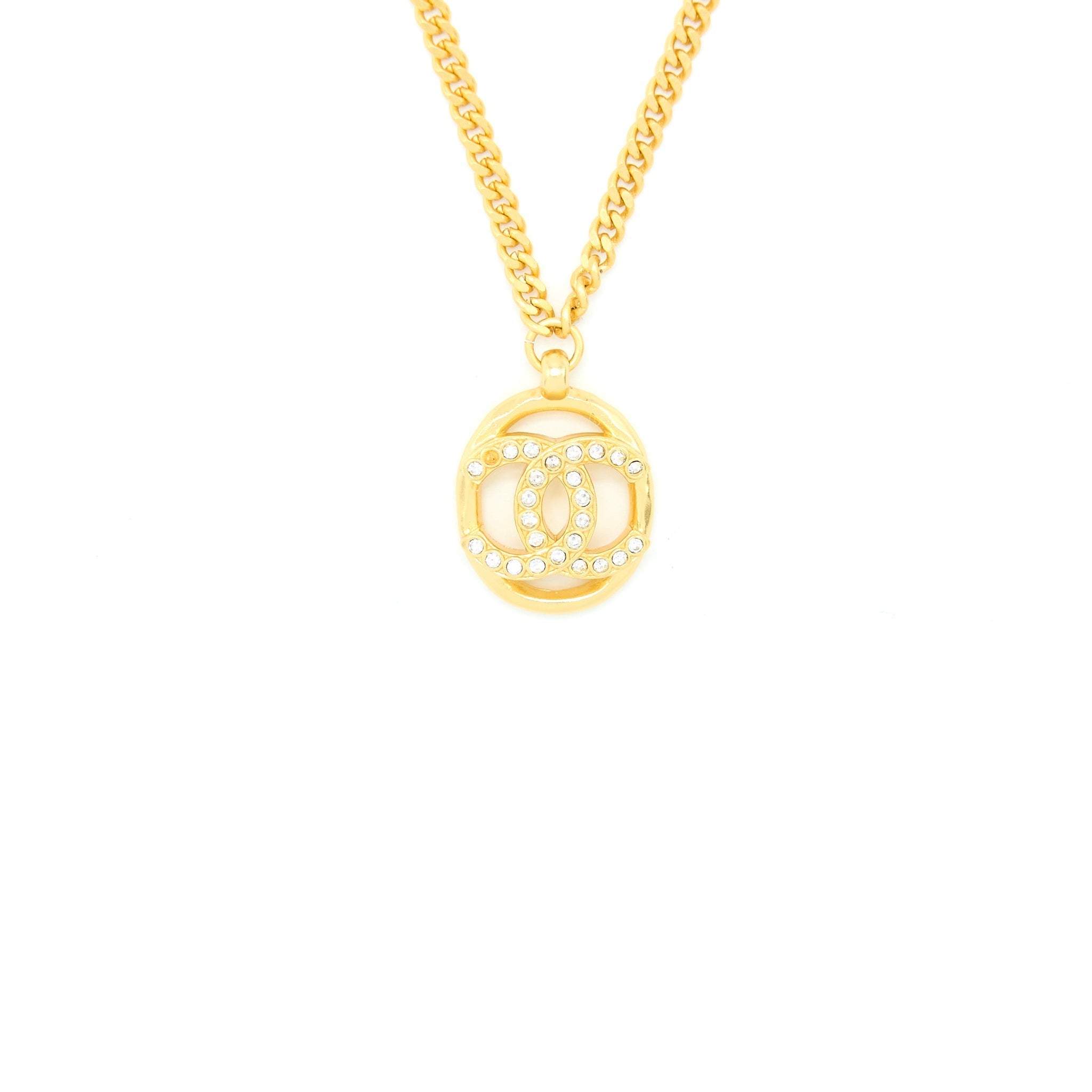 CHANEL ROUND CC LOGO NECKLACE CRYSTAL GOLD TONE
