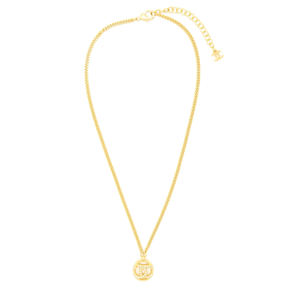 CHANEL ROUND CC LOGO NECKLACE CRYSTAL GOLD TONE