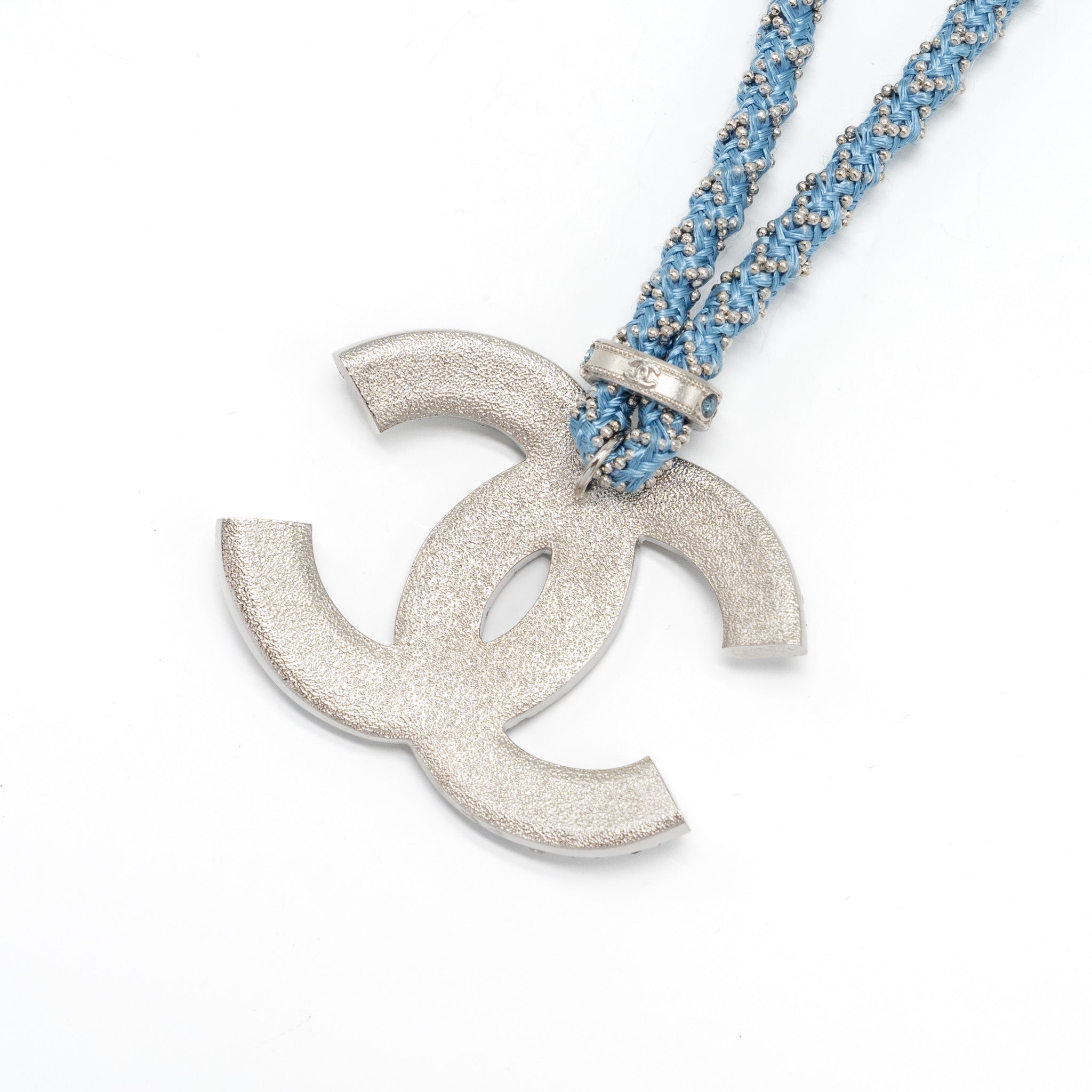 CHANEL GIANT CC LOGO NECKLACE WITH CRYSTAL BLUE SILVER TONE