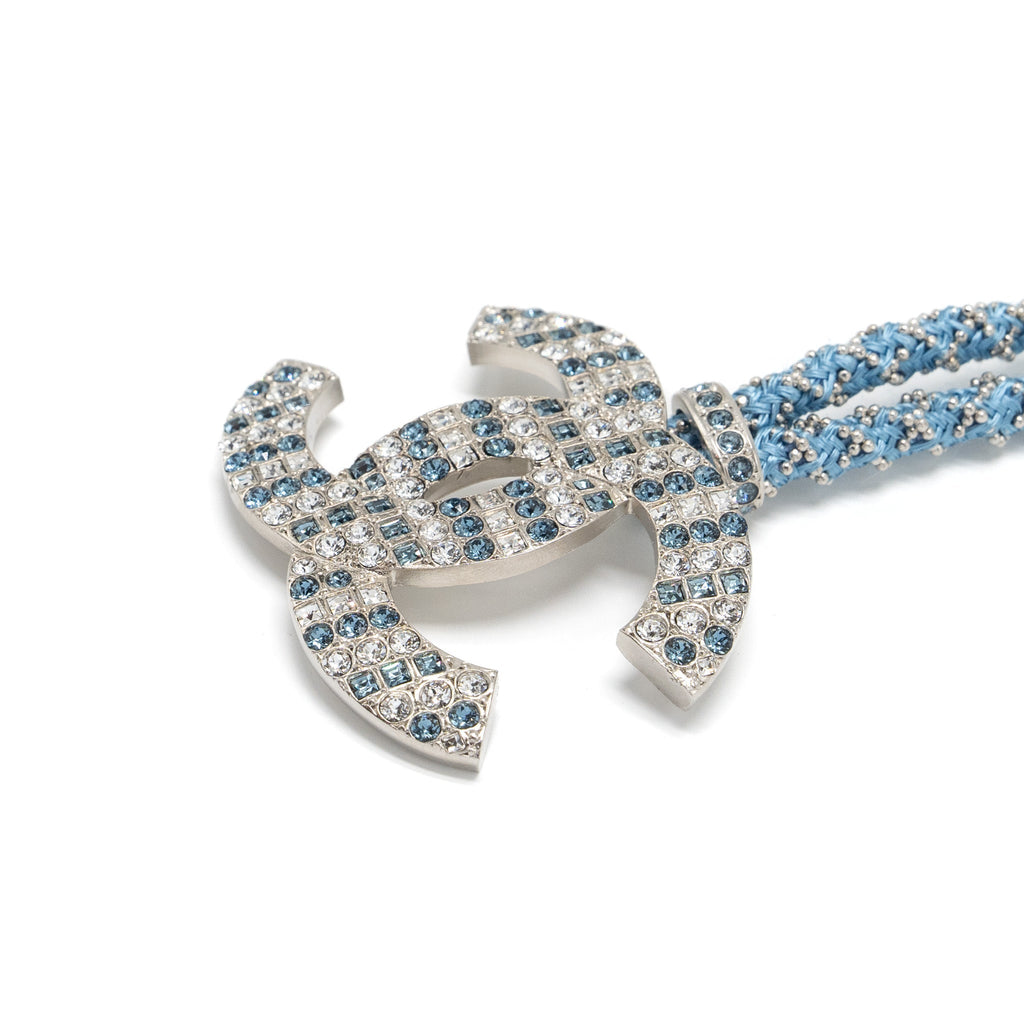 CHANEL GIANT CC LOGO NECKLACE WITH CRYSTAL BLUE SILVER TONE