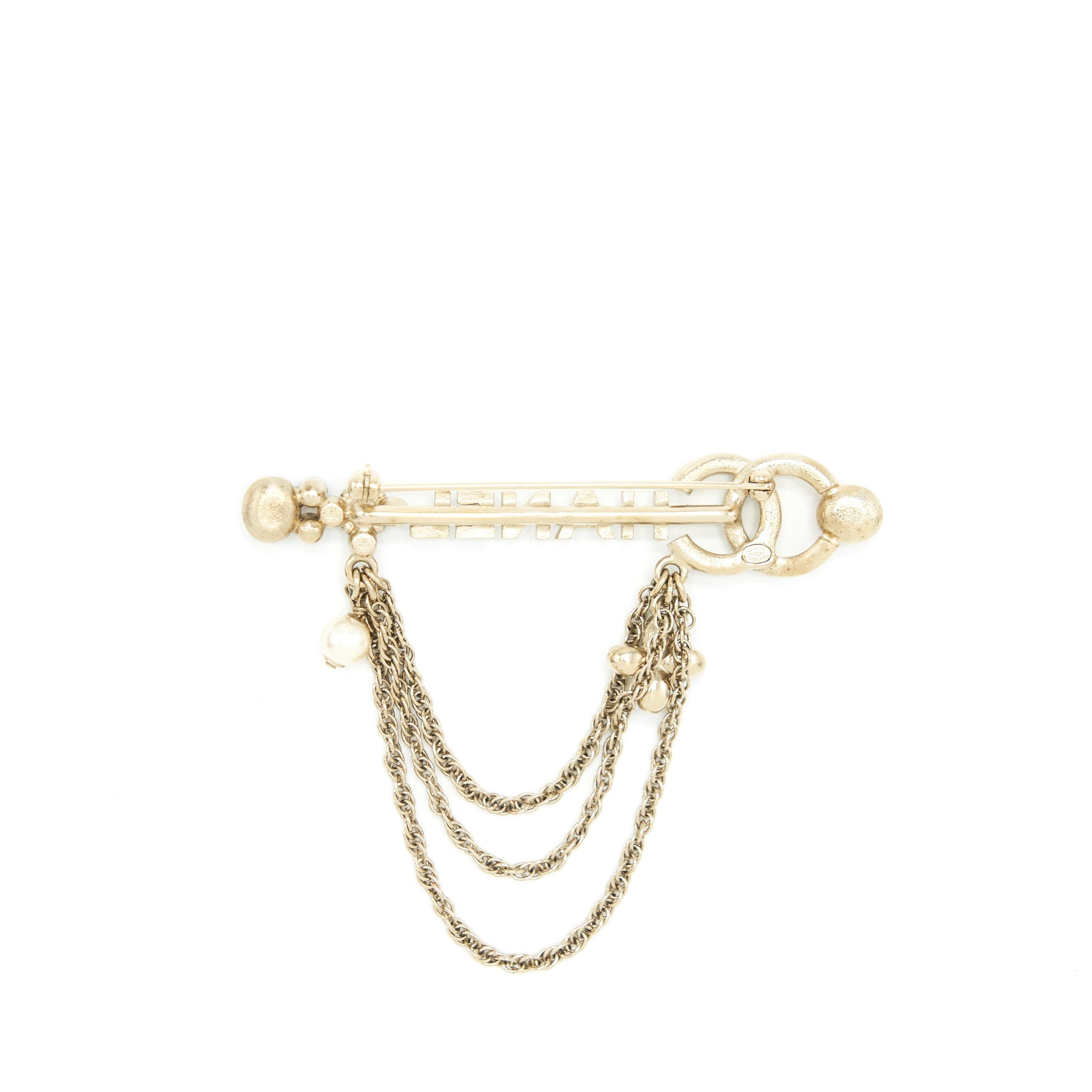 CHANEL CC LETTER WITH CHAIN DROP BROOCH LGHW
