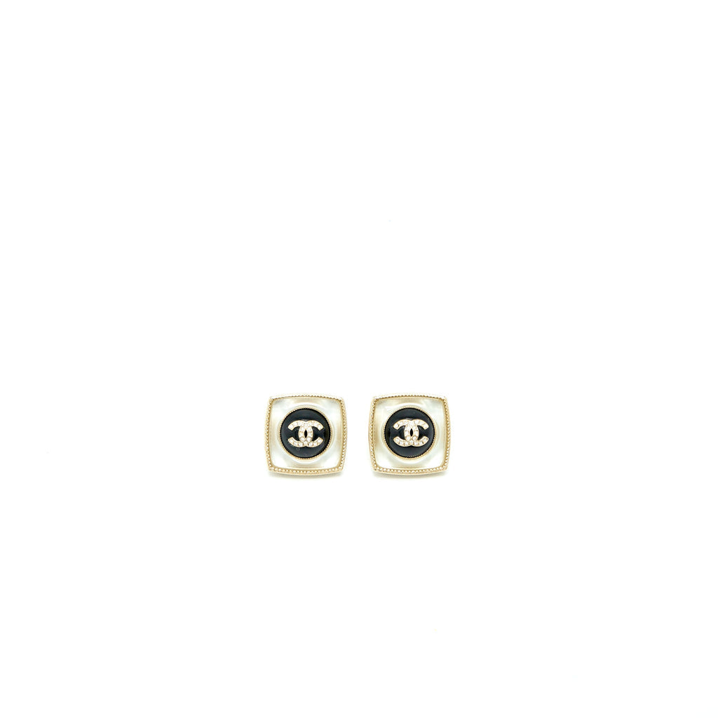 CHANEL SQUARE CC LOGO EARRINGS BLACK/MULTICOLOUR CRYSTAL LIGHT GOLD TONE