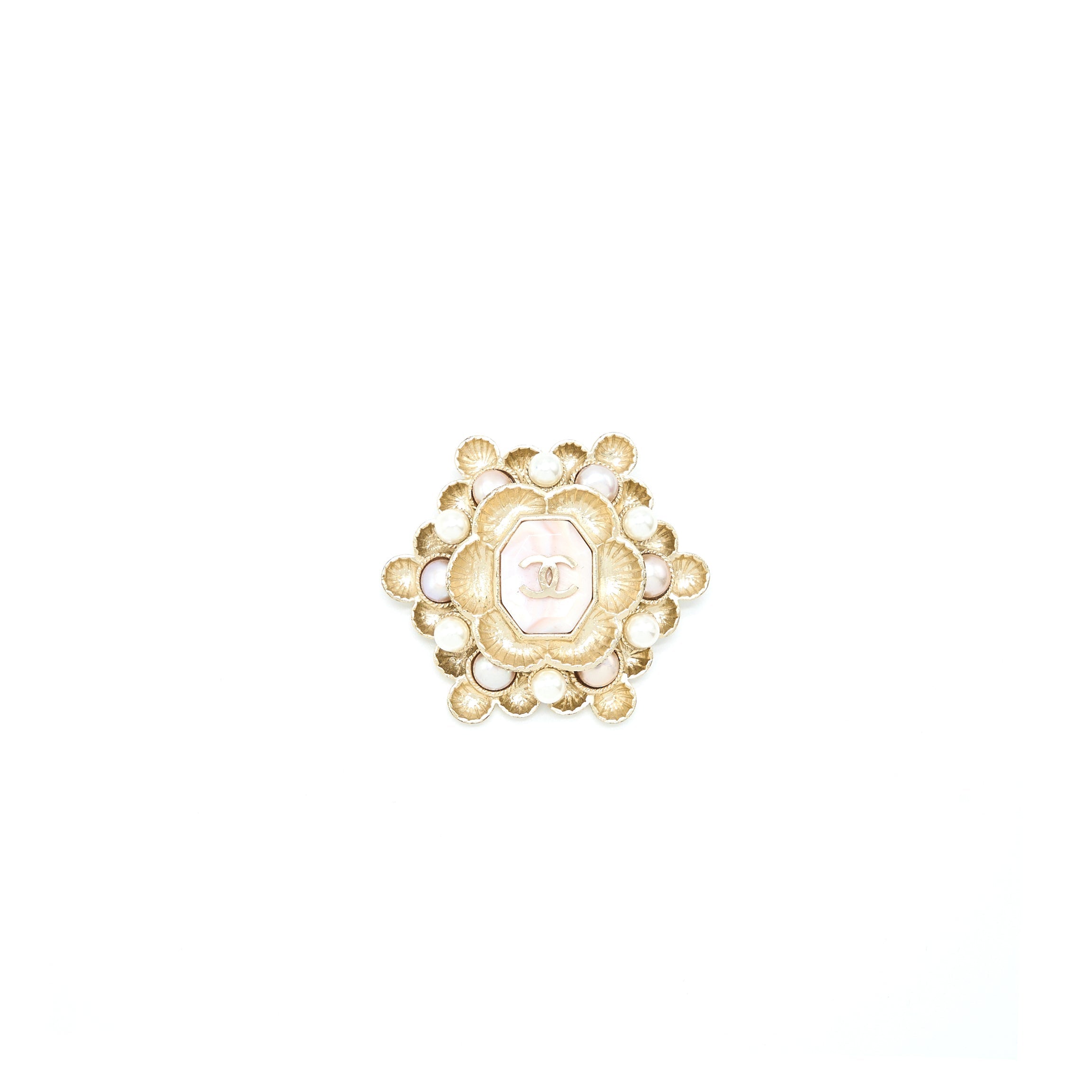 CHANEL CAMELLIA/PEARL/CC LOGO BROOCH LIGHT GOLD TONE