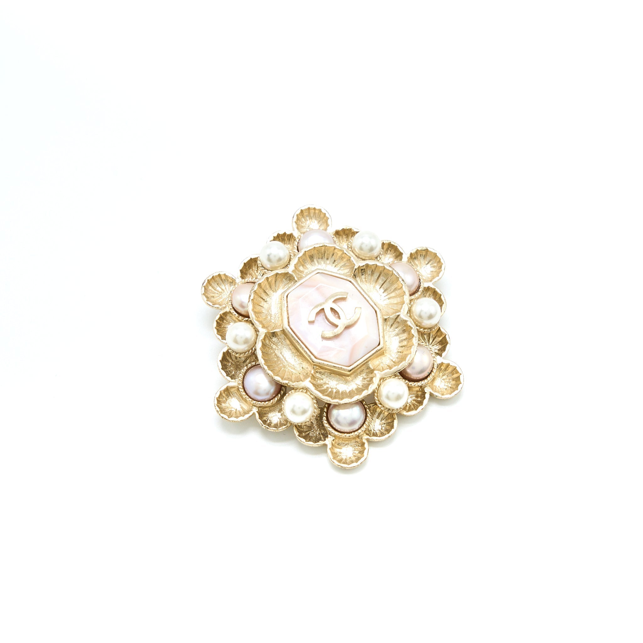 CHANEL CAMELLIA/PEARL/CC LOGO BROOCH LIGHT GOLD TONE