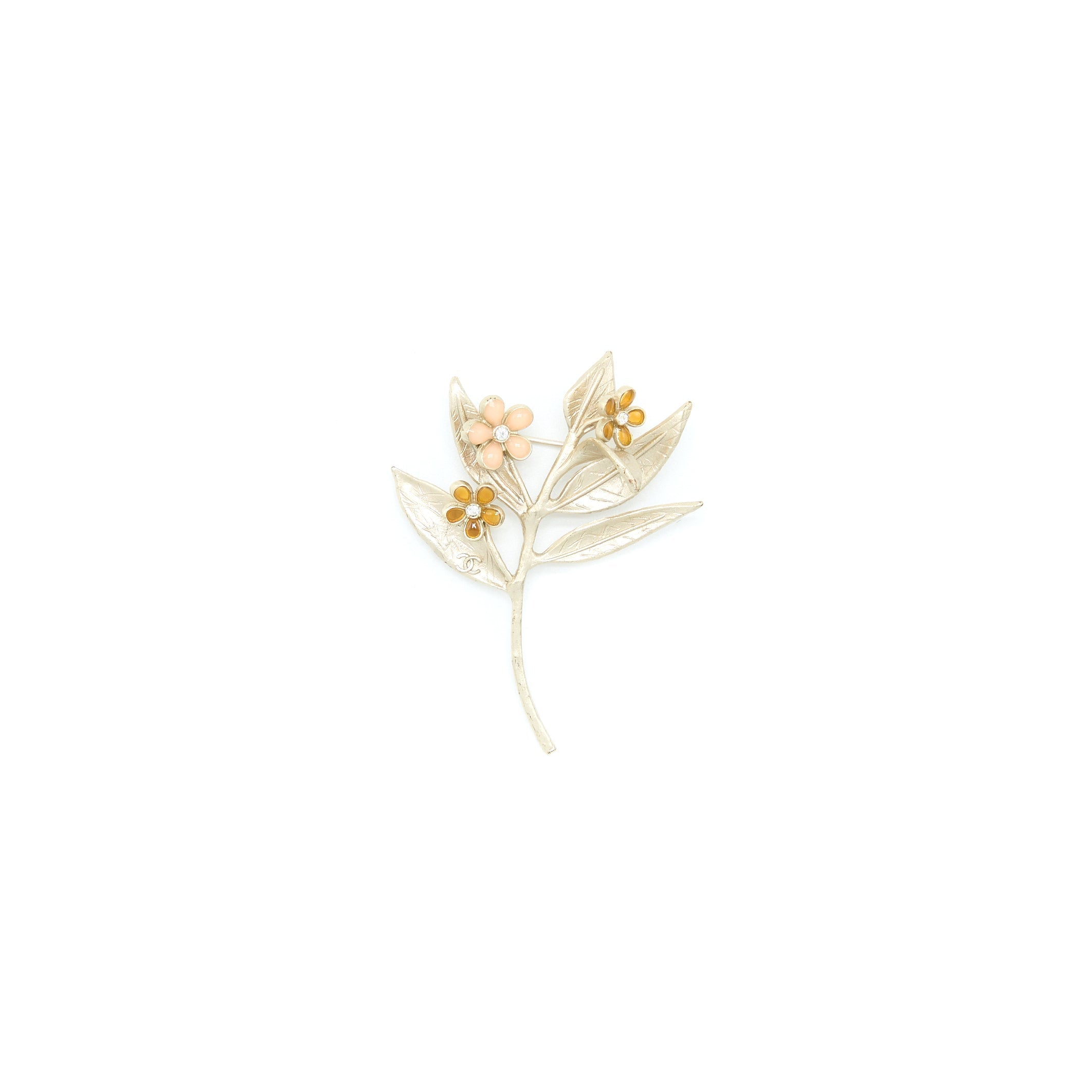 CHANEL LEAF/CAMELLIA/CRYSTAL BROOCH LIGHT GOLD TONE