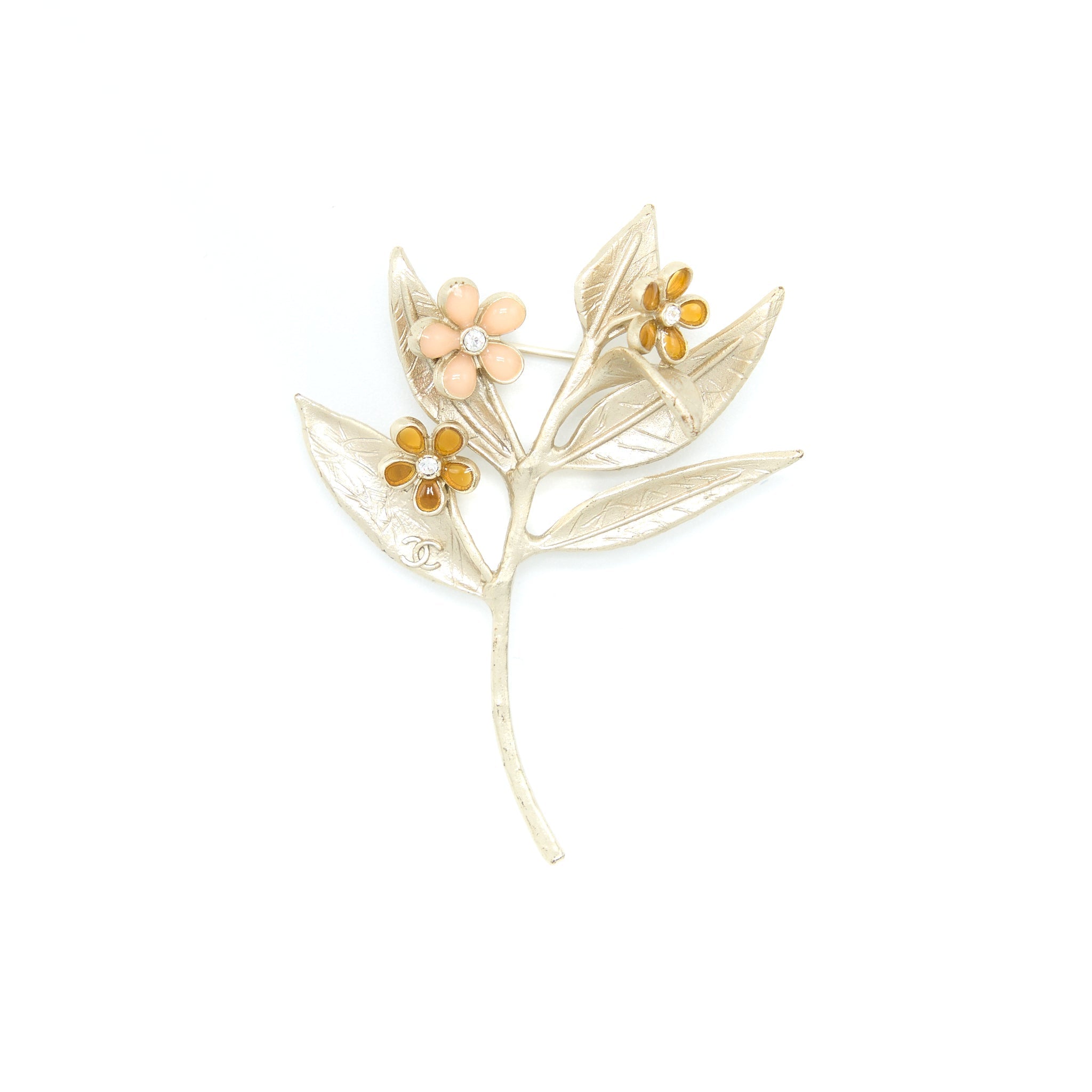 CHANEL LEAF/CAMELLIA/CRYSTAL BROOCH LIGHT GOLD TONE
