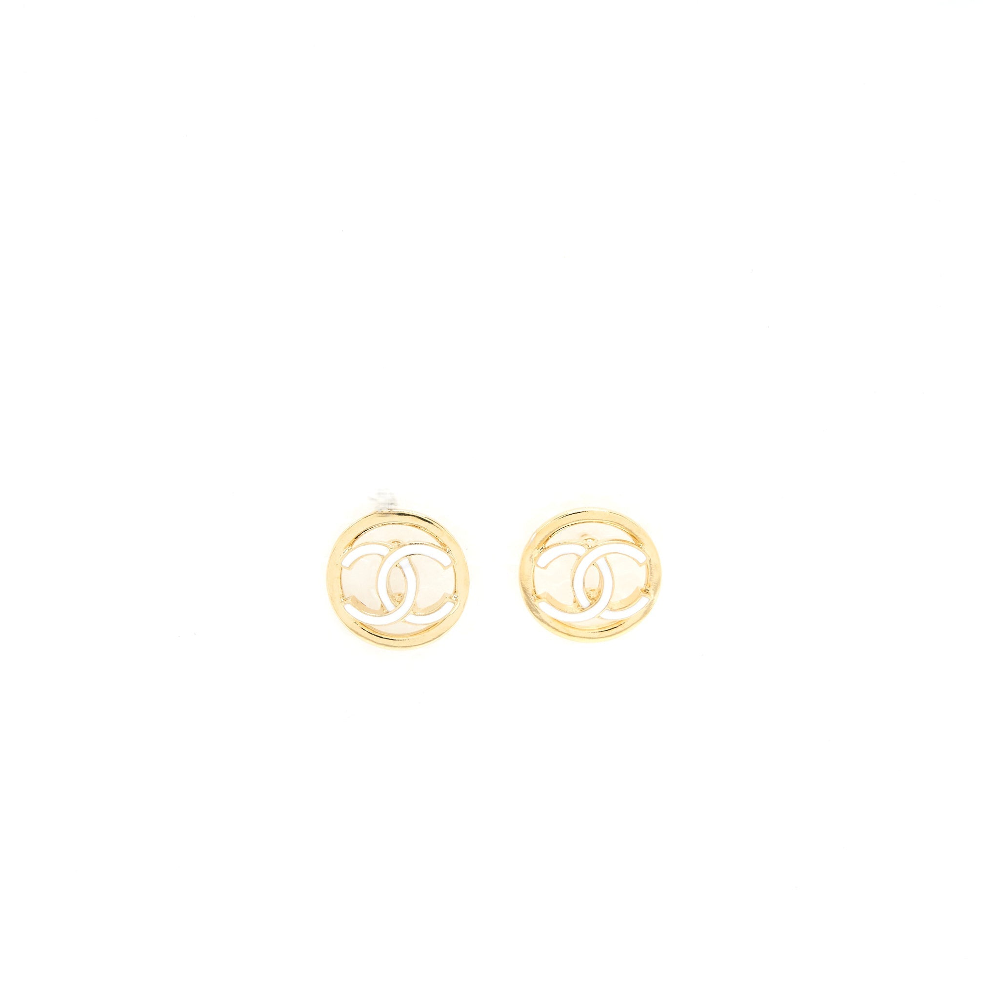 CHANEL 22S CC ROUND EARRINGS WHITE/ LIGHT GOLD TONE