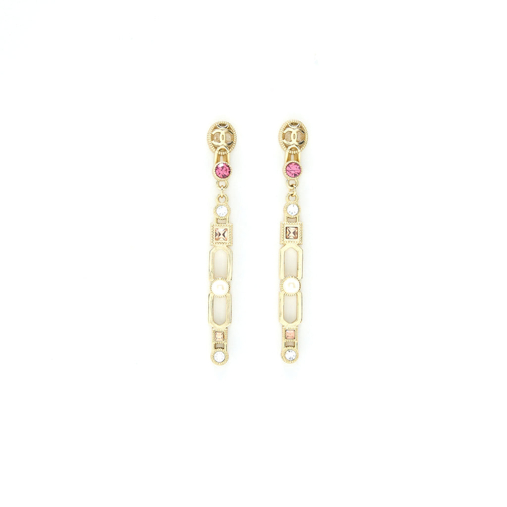 CHANEL DROPPED EARRINGS CRYSTAL/PEARL LIGHT GOLD TONE