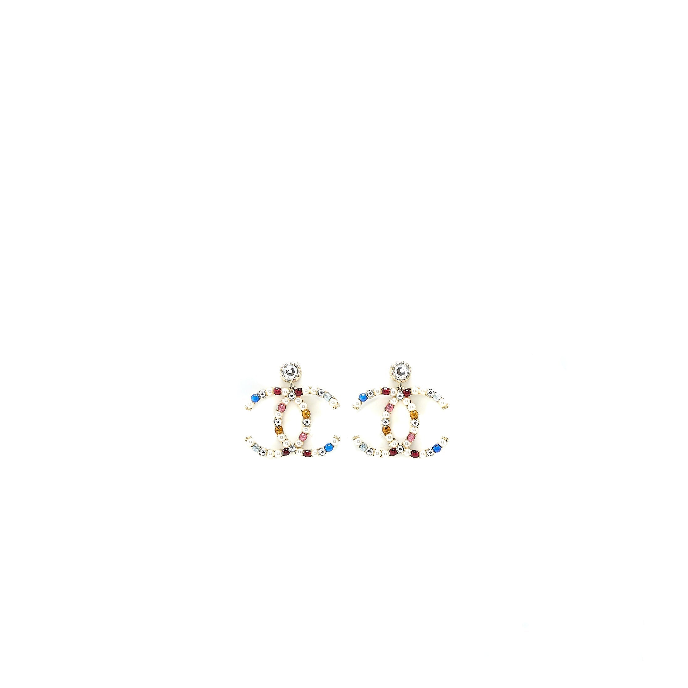 CHANEL GIANT CC LOGO EARRING CRYSTAL/PEARL MULTICOLOUR LIGHT GOLD TONE