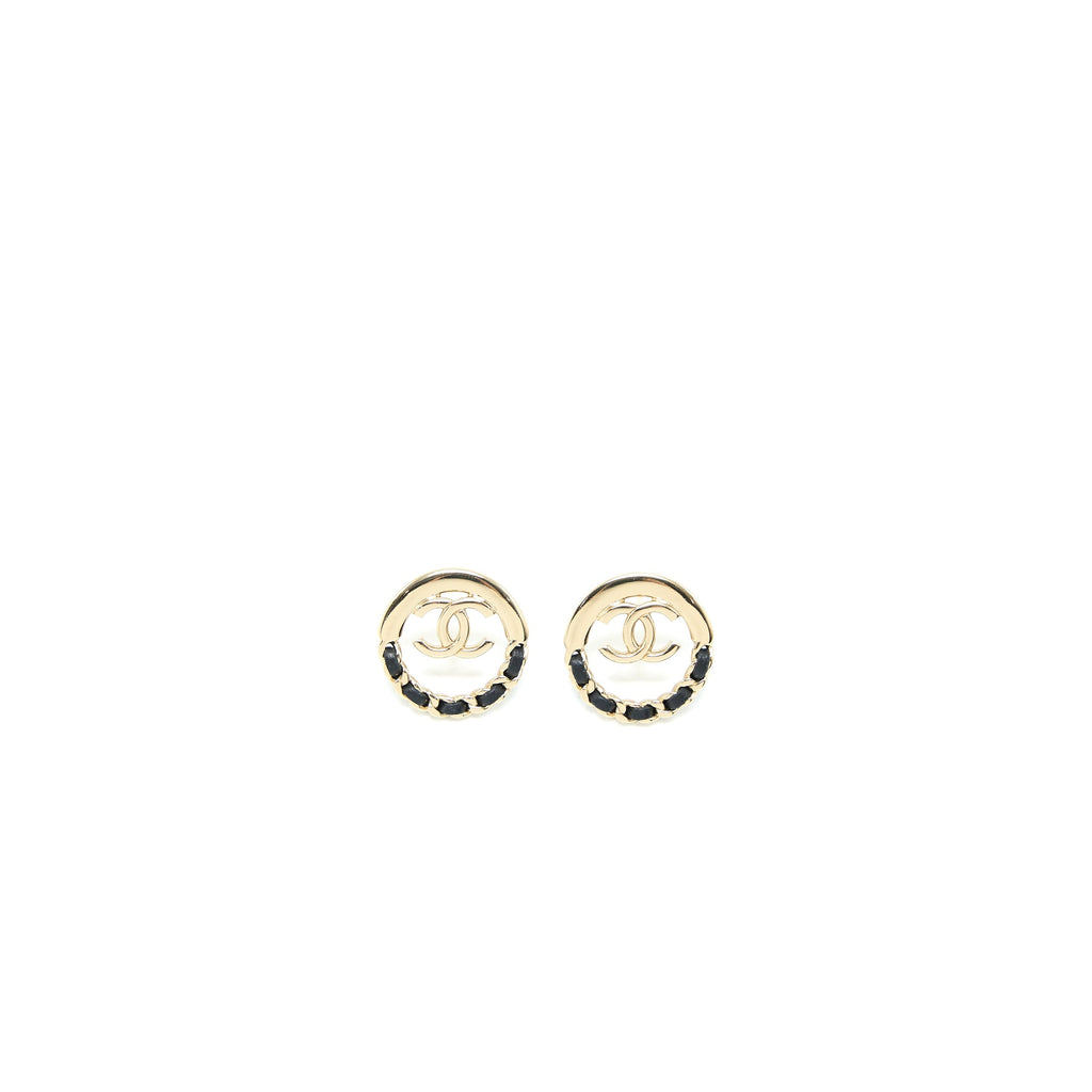 CHANEL ROUND WITH CC LOGO EARRINGS LEATHER BLACK LIGHT GOLD TONE