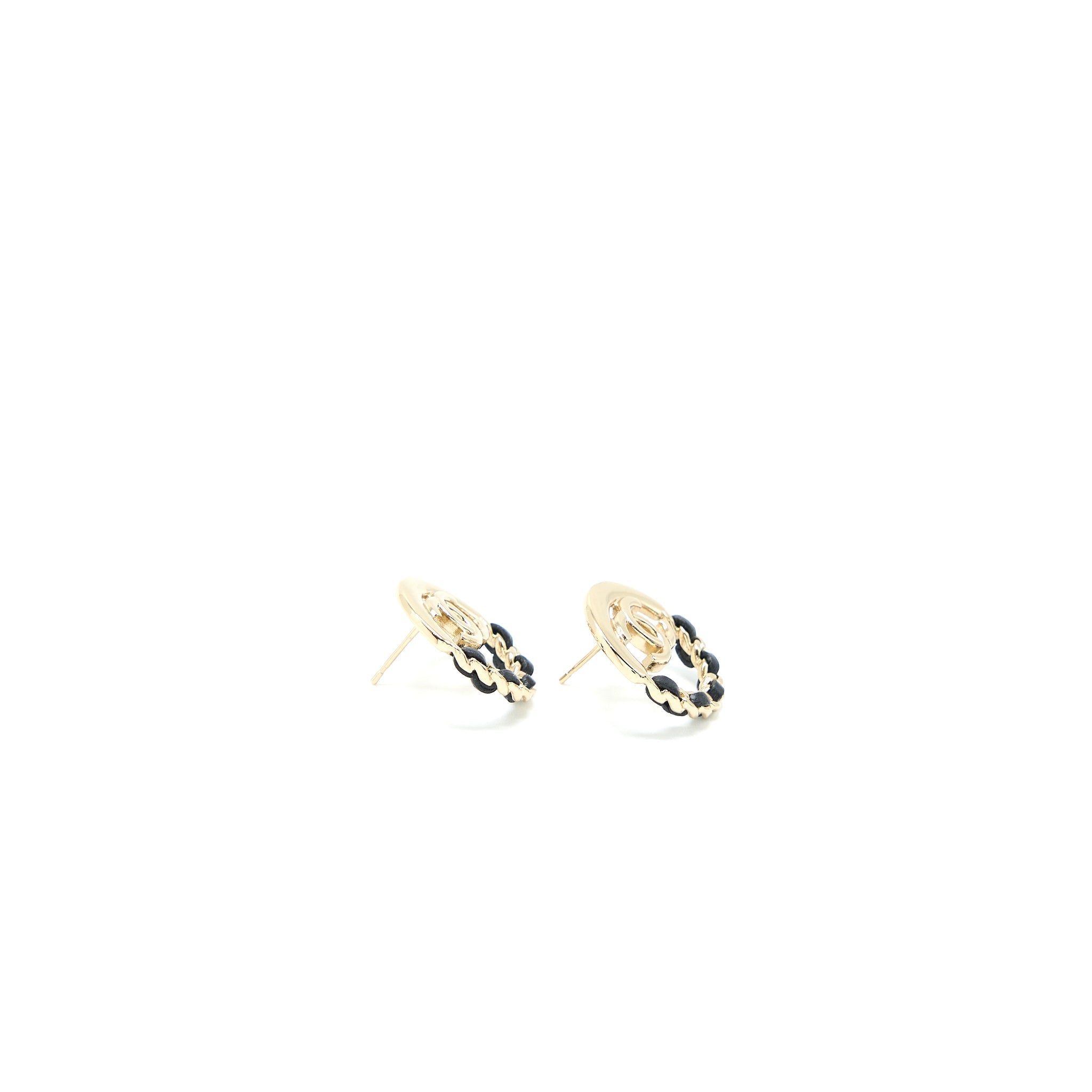 CHANEL ROUND WITH CC LOGO EARRINGS LEATHER BLACK LIGHT GOLD TONE