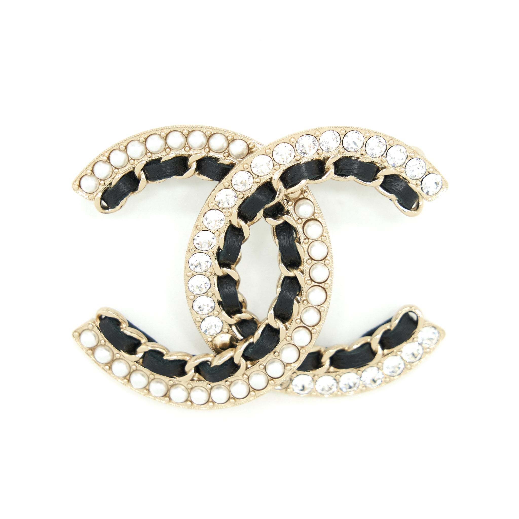 CHANEL LEATHER CHAIN/ PEARL / CRYSTAL BROOCH