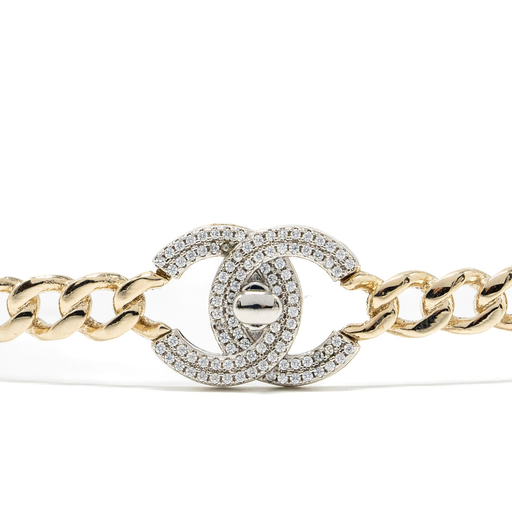 CHANEL CC LOGO CHAIN CHOCKER /NECKLACE CRYSTAL LIGHT GOLD TONE