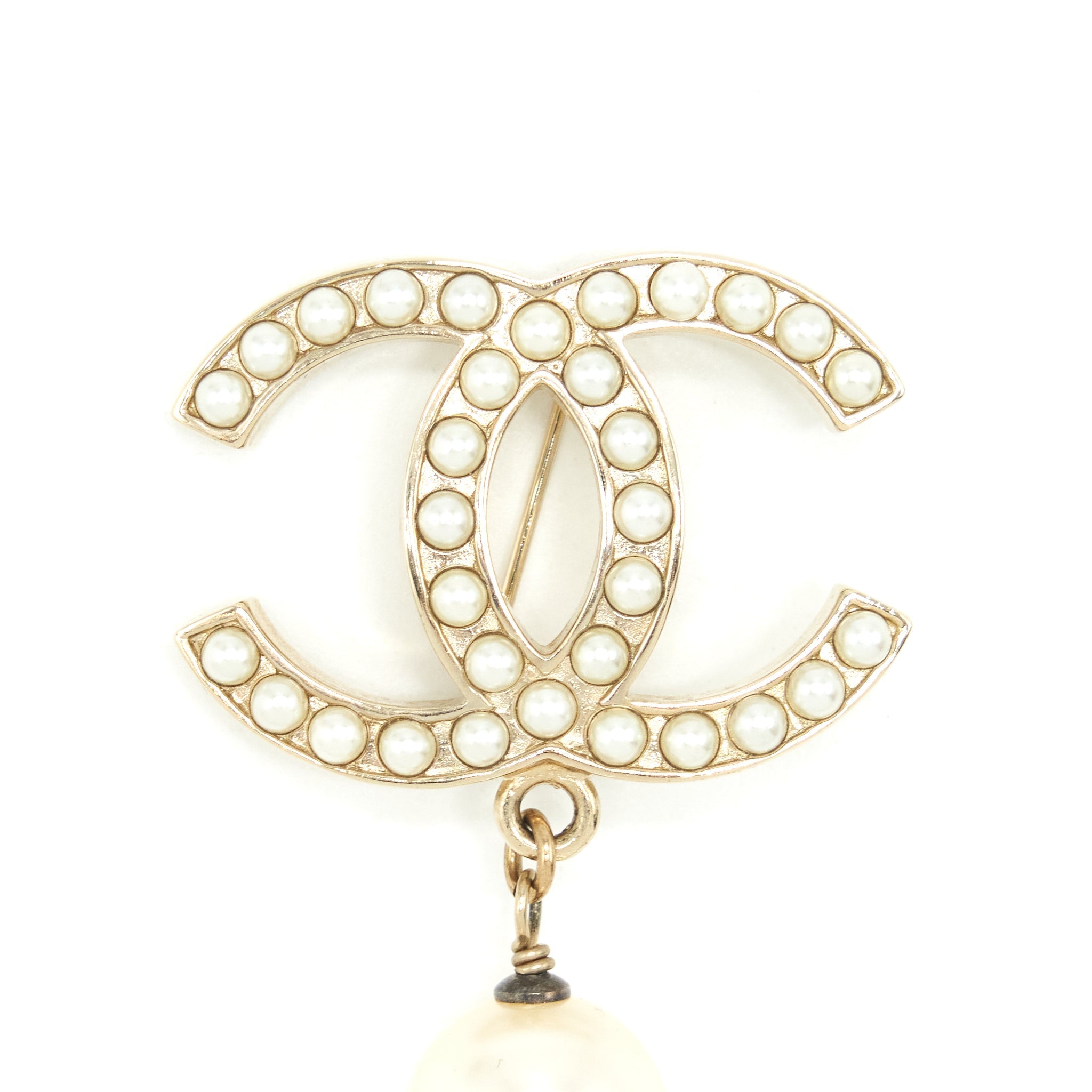 CHANEL PEARL CC LOGO WITH DROP PEARL BROOCH LGHW