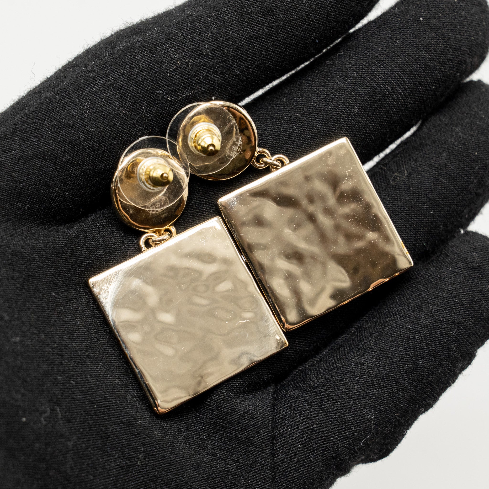 CHANEL ENAMEL GIANT SQUARE CC LOGO DROPPED EARRINGS LIGHT GOLD TONE