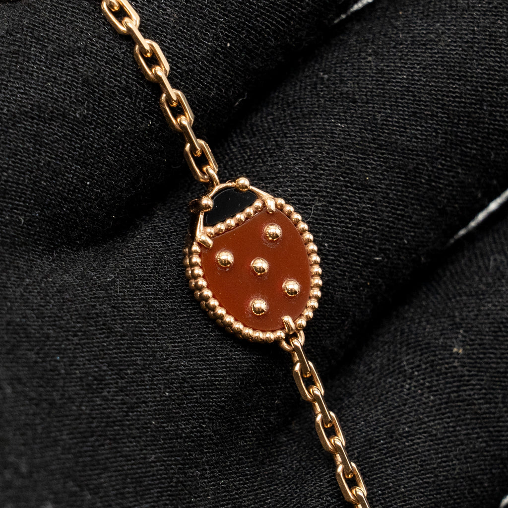 VAN CLEEF & ARPELS LUCKY SPRING BRACELET 5 MOTIFS ROSE GOLD/WHITE MOTHER OF PEARL/CARNELIAN/ONYX