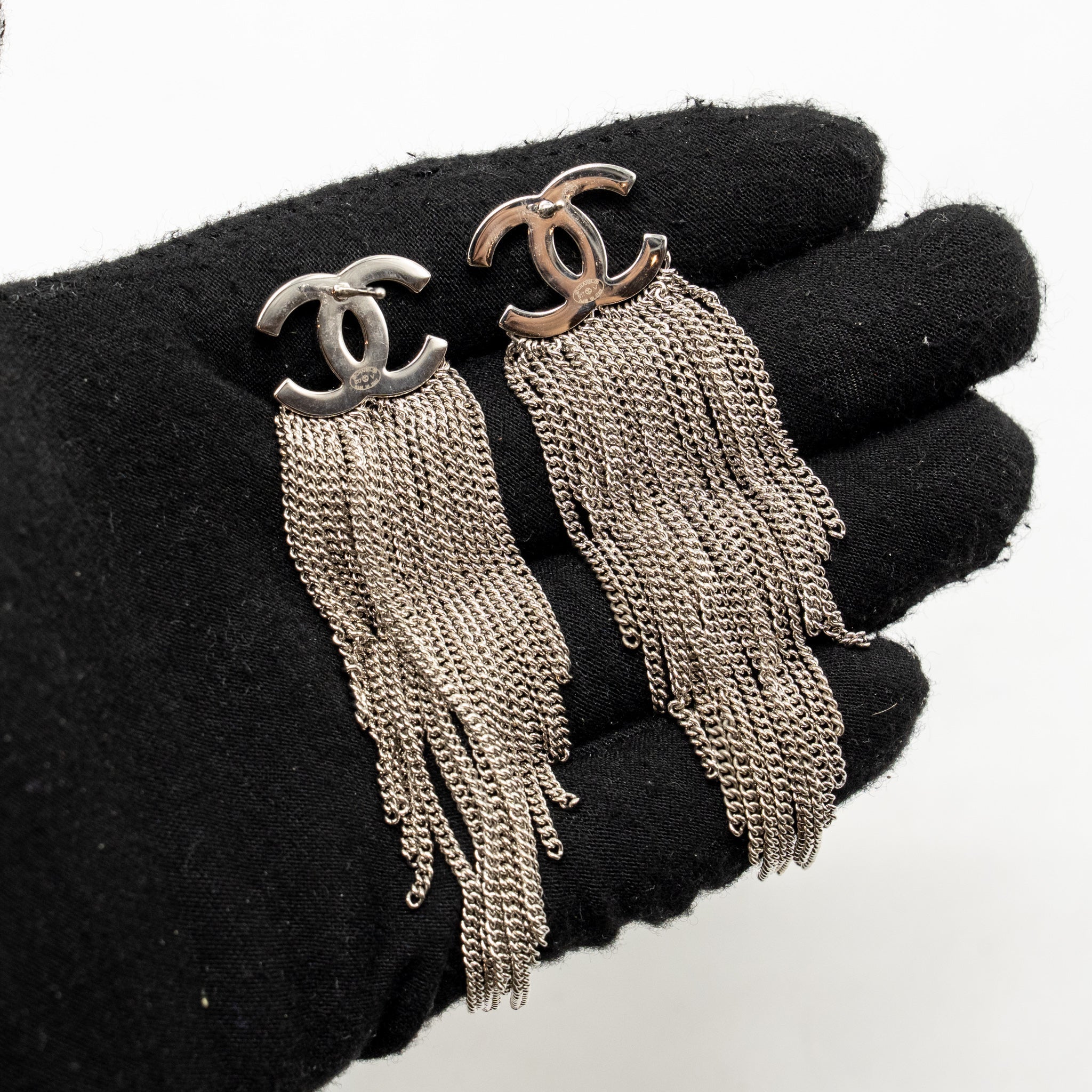 CHANEL CC CHAIN TASSEL DROP EARRINGS CRYSTAL SILVER TONE