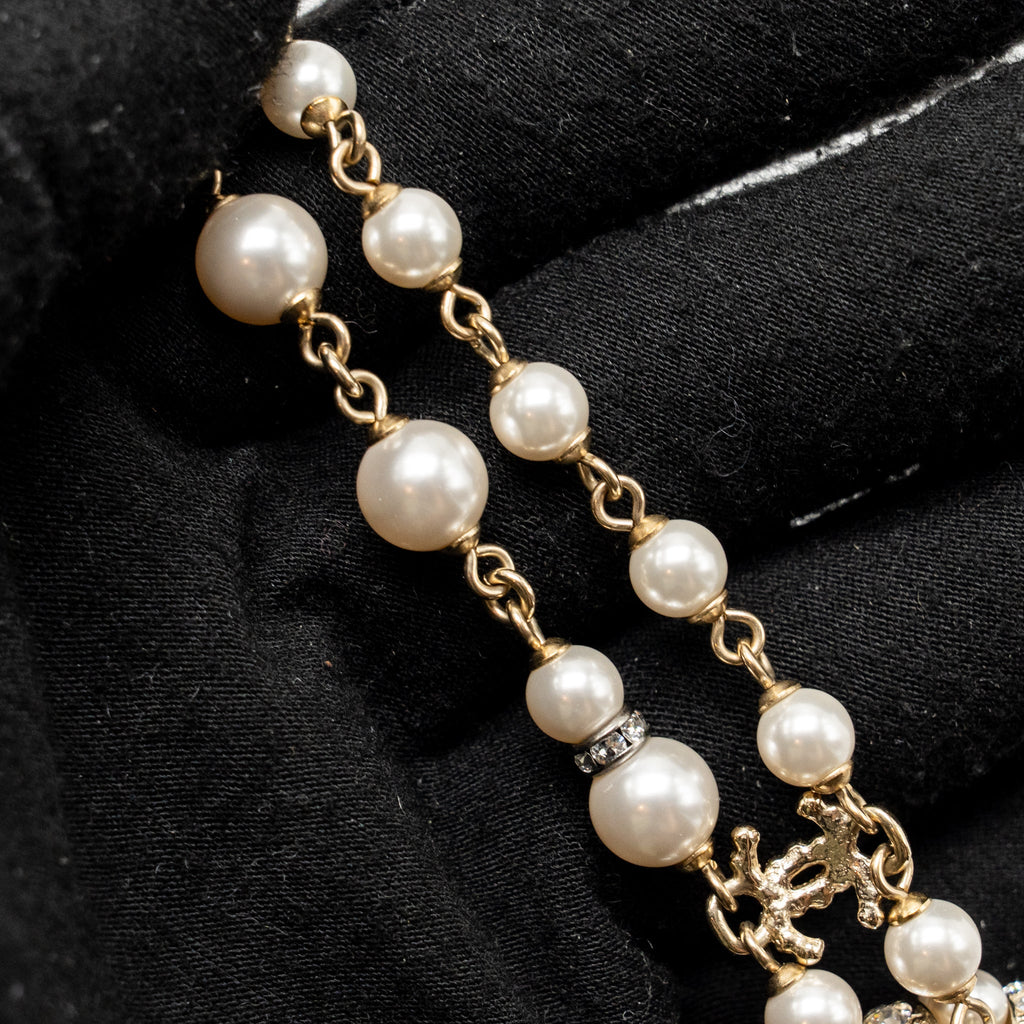 CHANEL BOW NECKLACE/CHOCKER PEARL/CRYSTAL LIGHT GOLD TONE