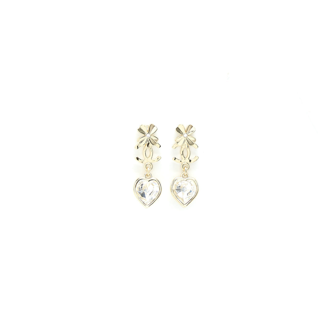 CHANEL HEART DROPPED CC LOGO/FLOWER EARRING CRYSTAL LIGHT GOLD TONE