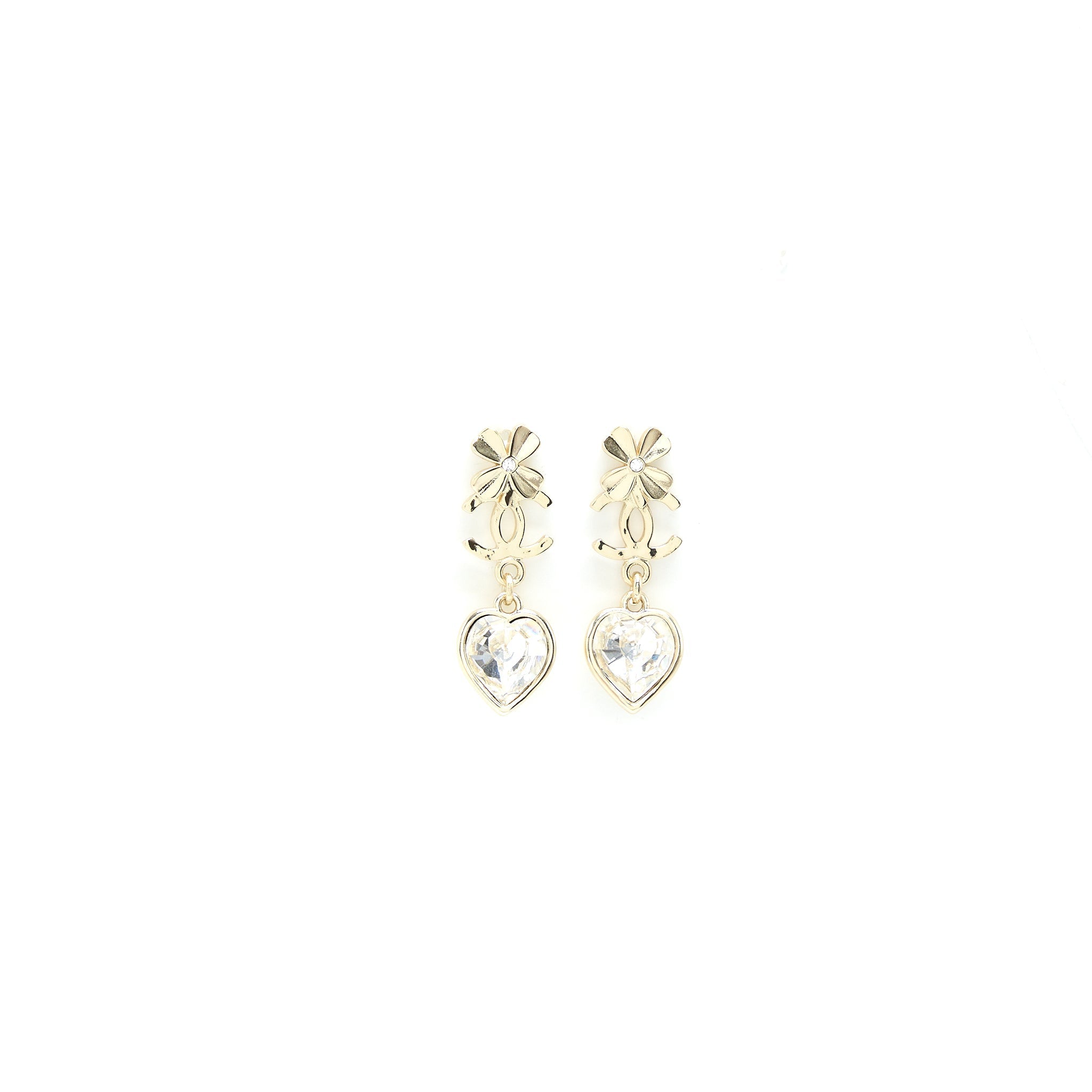 CHANEL HEART DROPPED CC LOGO/FLOWER EARRING CRYSTAL LIGHT GOLD TONE