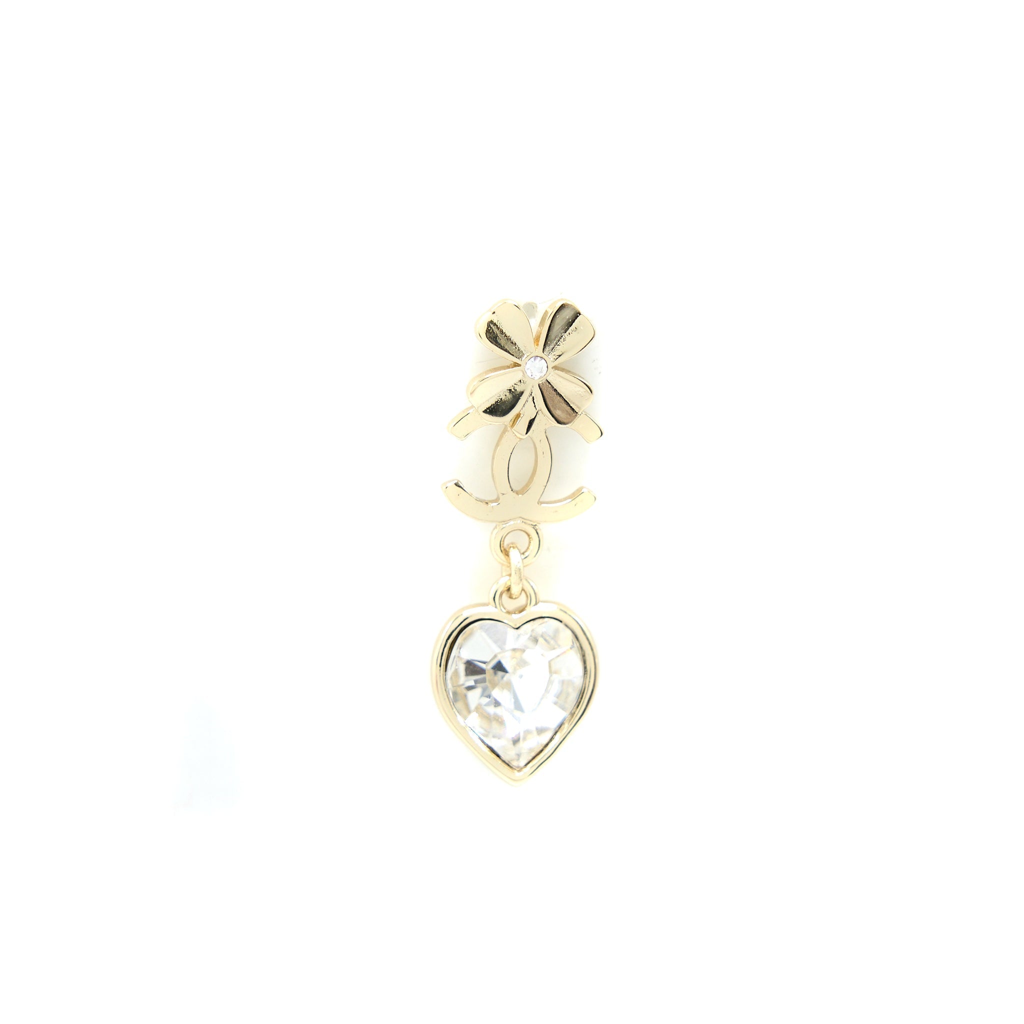 CHANEL HEART DROPPED CC LOGO/FLOWER EARRING CRYSTAL LIGHT GOLD TONE
